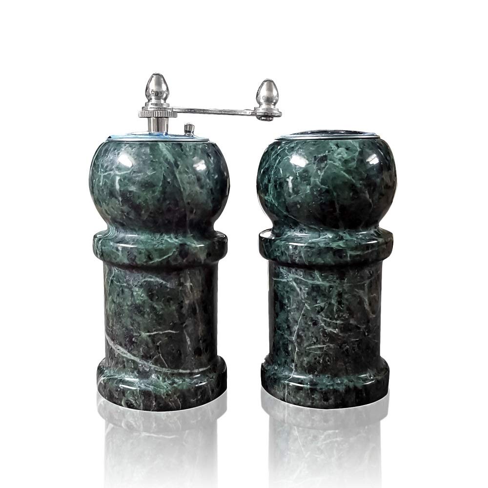 Premium Italian Green Marble Salt and Pepper Grinder Set - 5 Inch Height - Adjustable Coarseness - Elegant Kitchen Spice Dispenser for Home, Restaurant & Gourmet Cooking - Perfect for Italian Cuisine, Steak Seasoning & Dinner Table Decor