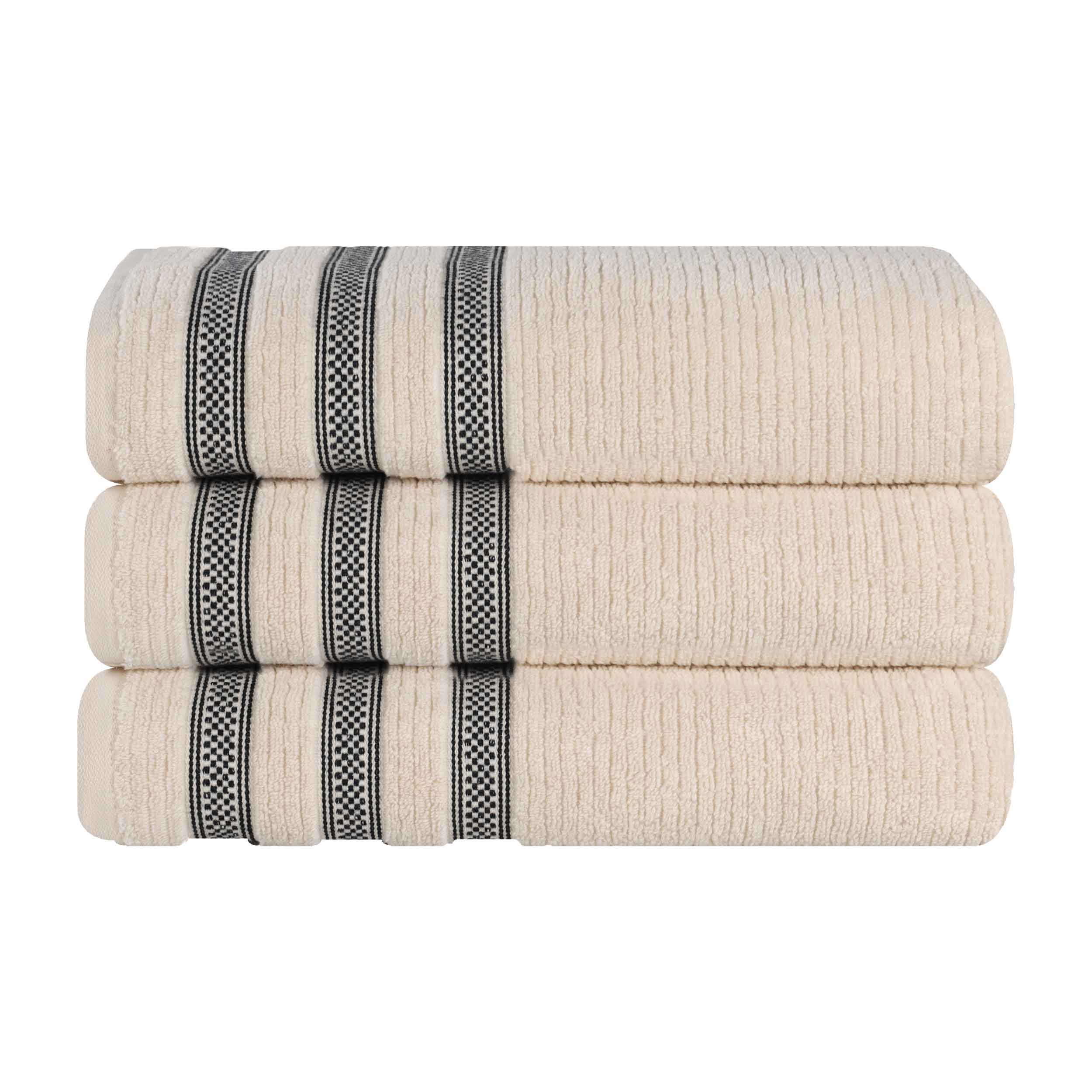 Soft Zero Twist Cotton Ribbed Geometric Border Plush Bath Towel Set of 3 - Ultra Absorbent & Quick Dry for Spa, Beach, and Luxury Bathroom Use