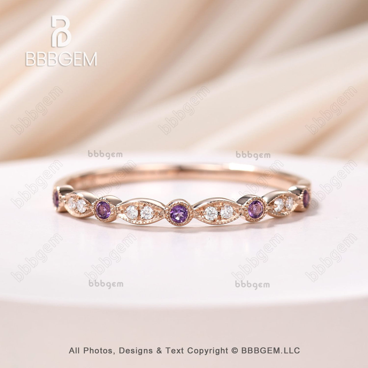 Milgrain Marquise & Dot Amethyst Moissanite Wedding Ring - 14K Rose Gold Half Eternity Band for February Anniversary, Engagement & Bridal Jewelry - Perfect for Valentine's Day Gifts, Proposals & Special Occasions