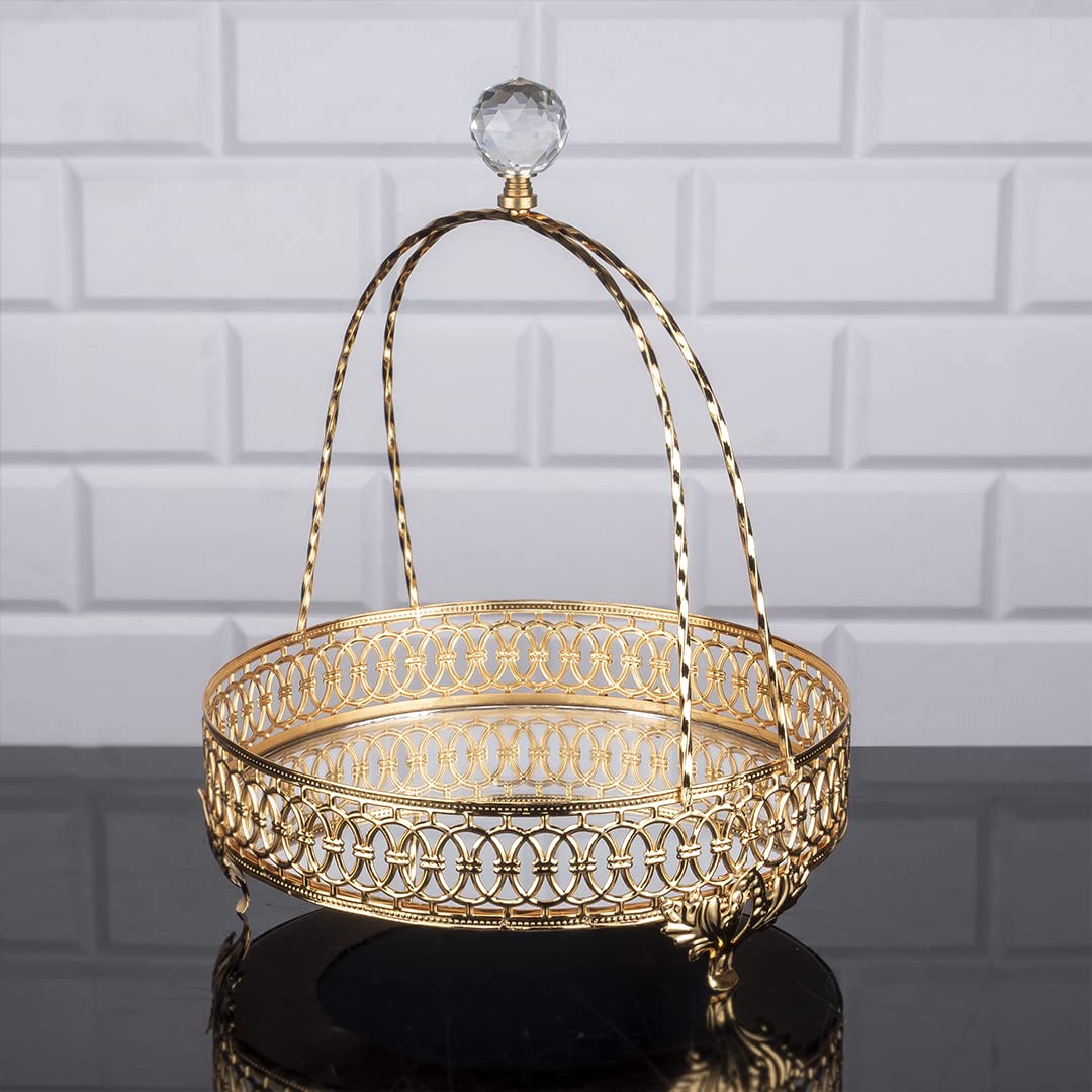 Handmade Gold Perfume Organizer Tray with Handles - Decorative Metal Vanity Jewelry Storage Box - Round Mirror Tray for Dresser, Bathroom & Vanity Table - Perfect for Organizing Fragrances, Cosmetics & Accessories (Medium Size, Elegant Gold Finish)