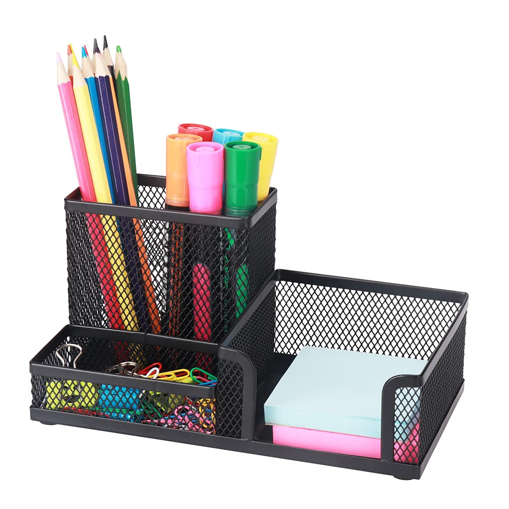 Black 3-Compartment Desk Organizer with Sticky Notes Holder - Pencil Cup & Office Supplies Caddy for School, Home & Office Workspace Organization