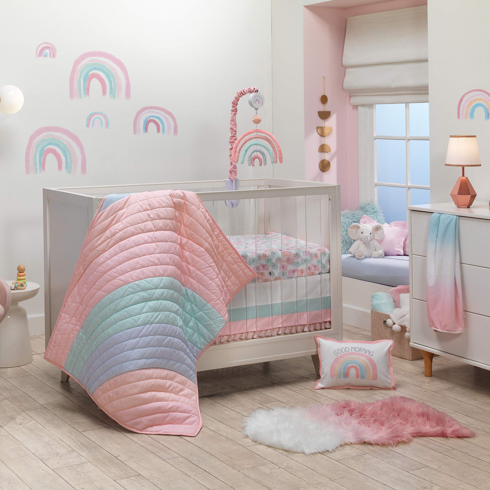 Lambs & Ivy Watercolor Pastel Pink & Mint Rainbow 5-Piece Baby Crib Bedding Set | Soft Nursery Bedding for Girls | Perfect for Newborns, Baby Showers & Nursery Decor