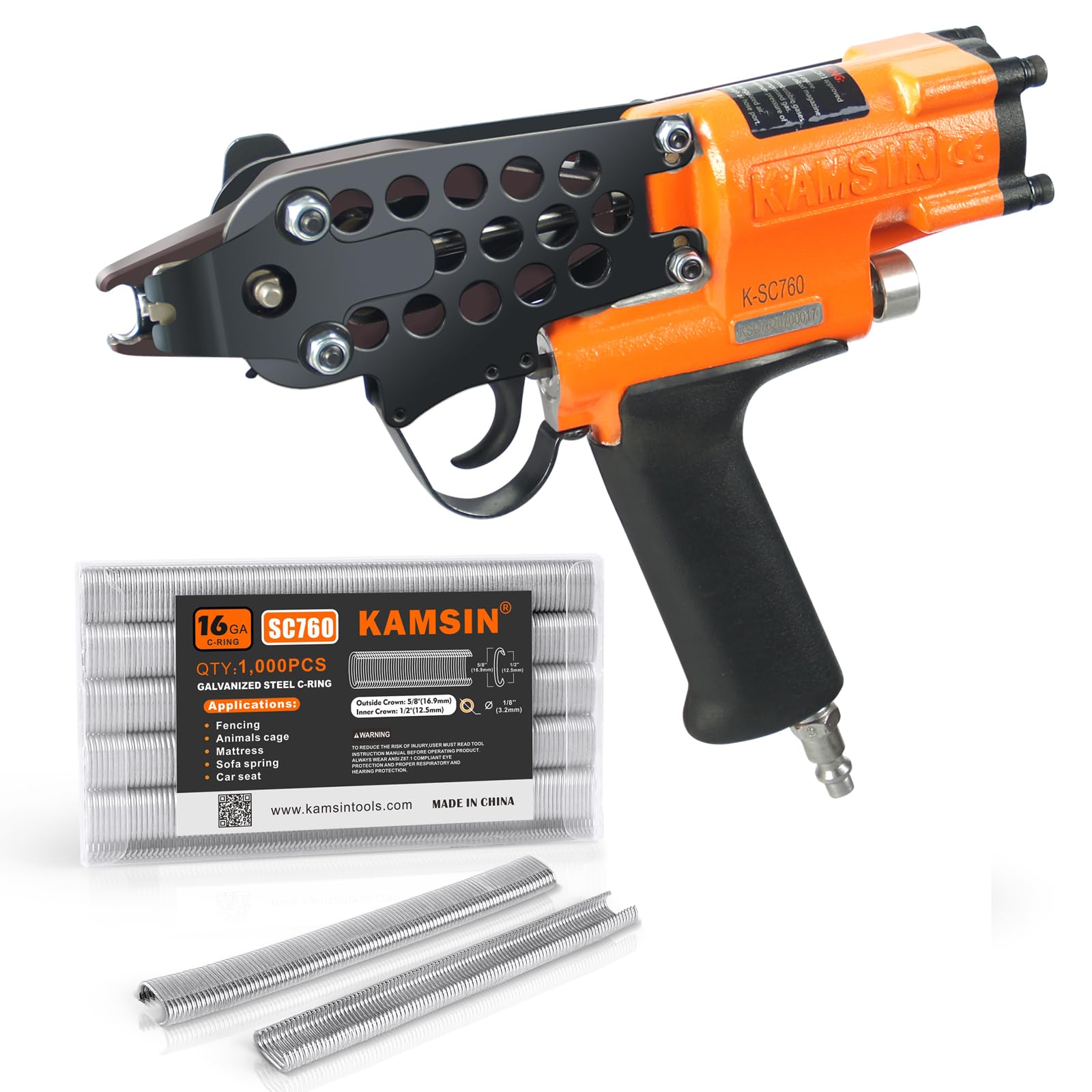 **K-SC760 16 Gauge Pneumatic Hog Ring Gun Kit – 1/2-Inch Crown Air-Powered Hog Ring Plier with 3.0-4.8mm Closure Diameter – Heavy-Duty C Ring Gun for Spring Mattress, Fencing, Wire Cages, Car Seat & Upholstery – Ideal for DIY, Industrial, and Agricultural Use**