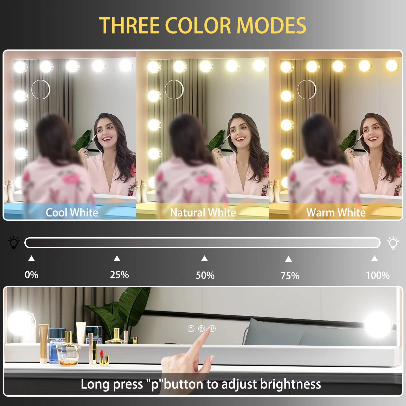 Hollywood Vanity Mirror with Lights - 32 x 24 Inch Tabletop Makeup Mirror with 18 Dimmable LED Bulbs, 3 Color Modes, Touch Control & Metal Frame - Perfect for Dressing Room, Bathroom & Professional Makeup Studio
