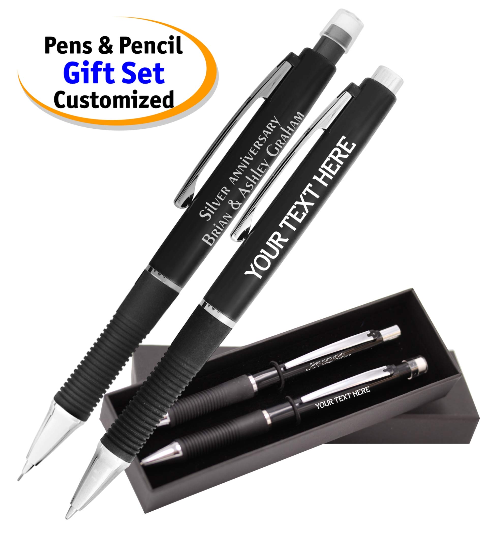 24-Pack Custom Name Engraved Ballpoint Pens & Mechanical Pencils Set - Elegant Gift Box, Rubber Grip Writing Instruments for Office, School, Graduation Gifts - Personalized Holiday Present with Your Text (Black)