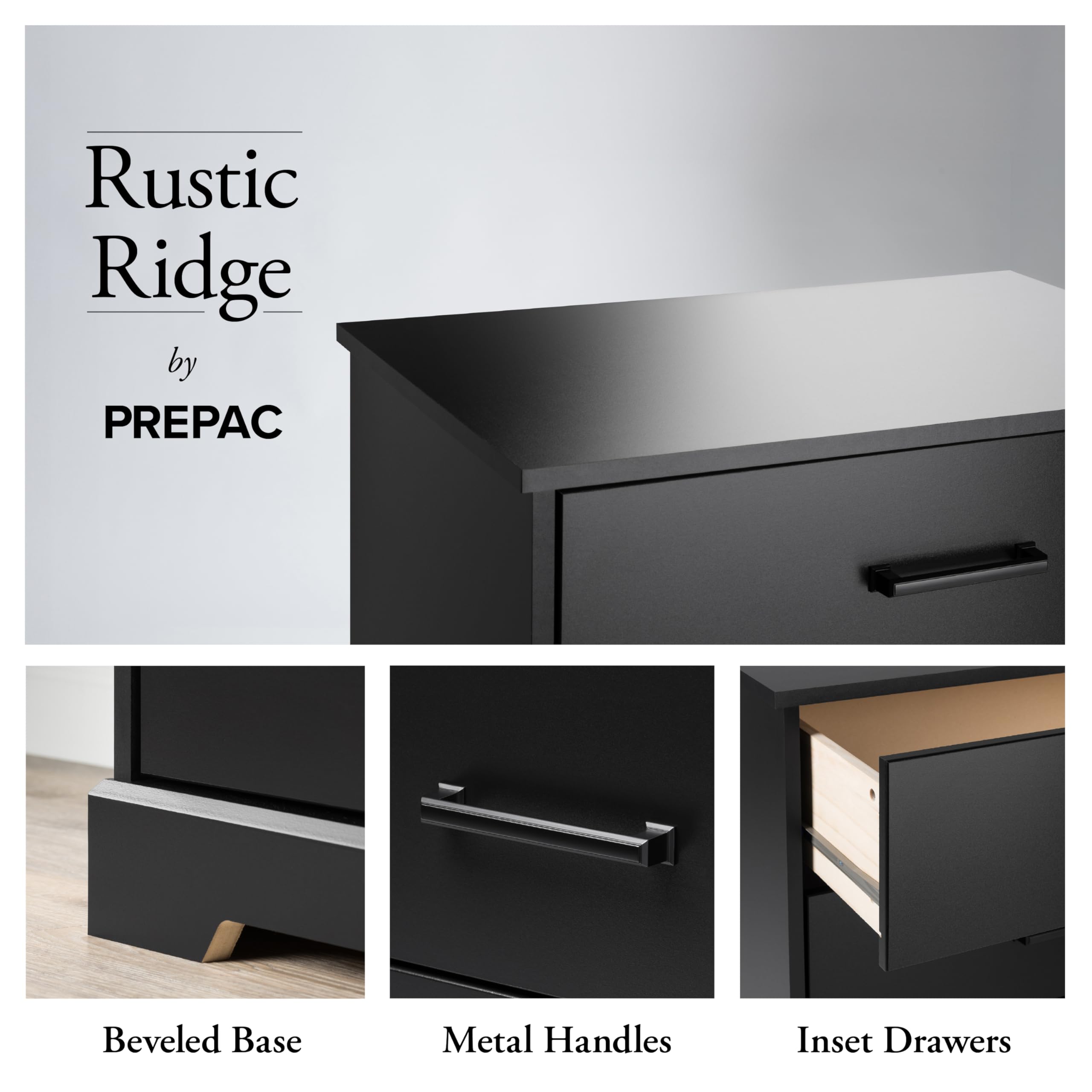 Rustic Farmhouse Dresser for Bedroom - 5-Drawer Chest of Drawers in Black, 18.5
