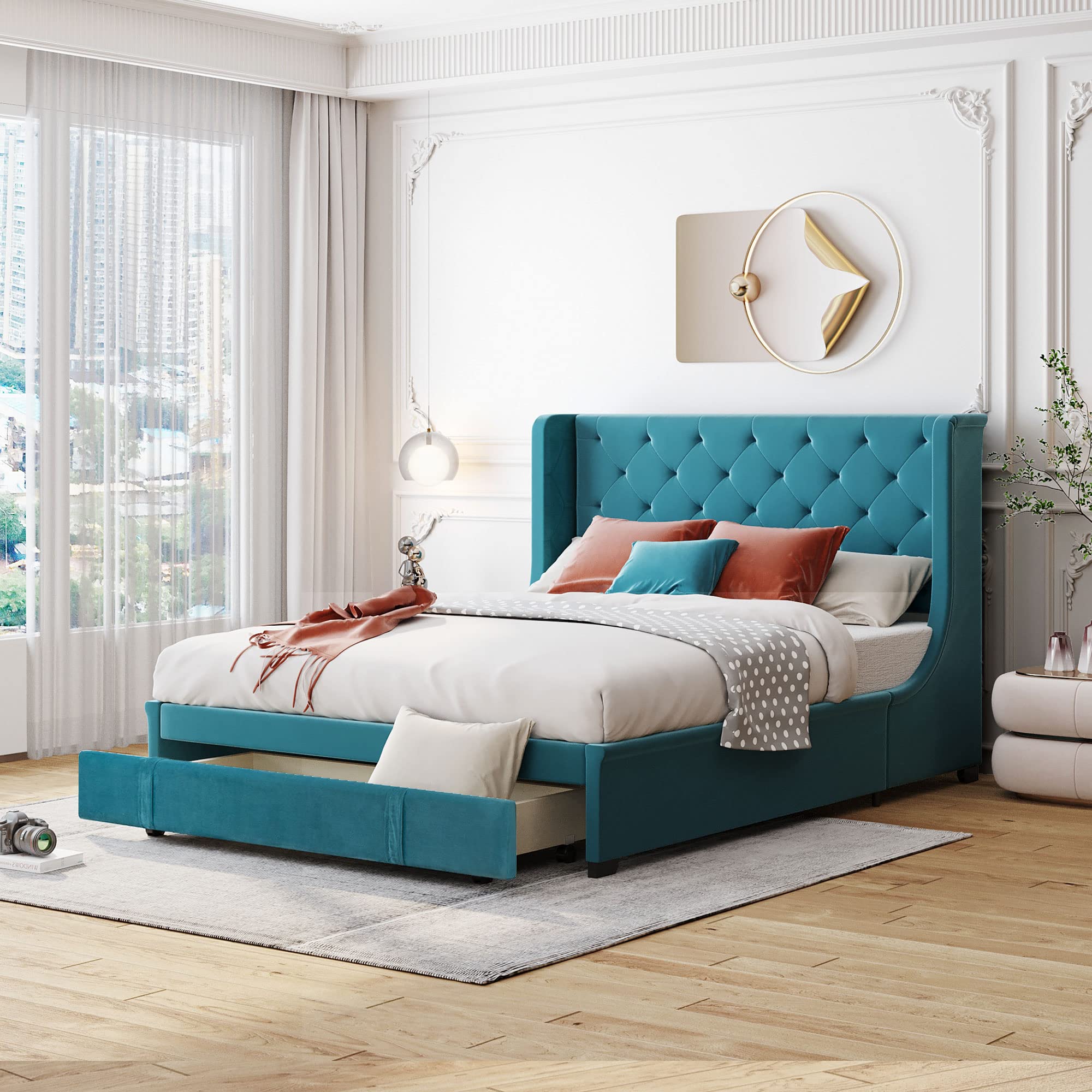 Queen Size Upholstered Platform Bed Frame with Storage Drawers & Button Tufted Headboard - No Box Spring Needed - Perfect for Small Bedrooms & Guest Rooms