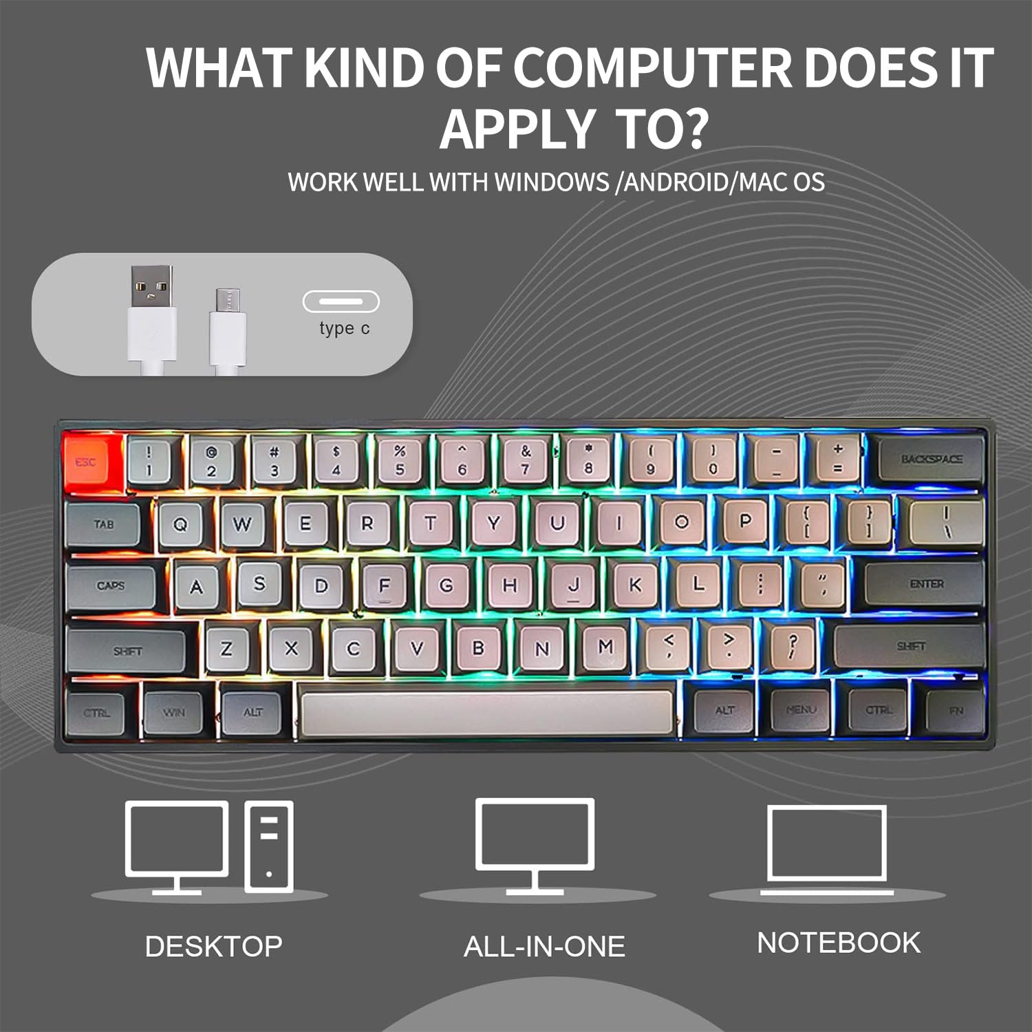 MIHIYIRY 60% Wired Mechanical Gaming Keyboard - 61 Key Compact RGB Backlit Keyboard with Red Switches for PC, Mac, PS5 | Perfect for Esports, Office Work & Home Gaming Setup