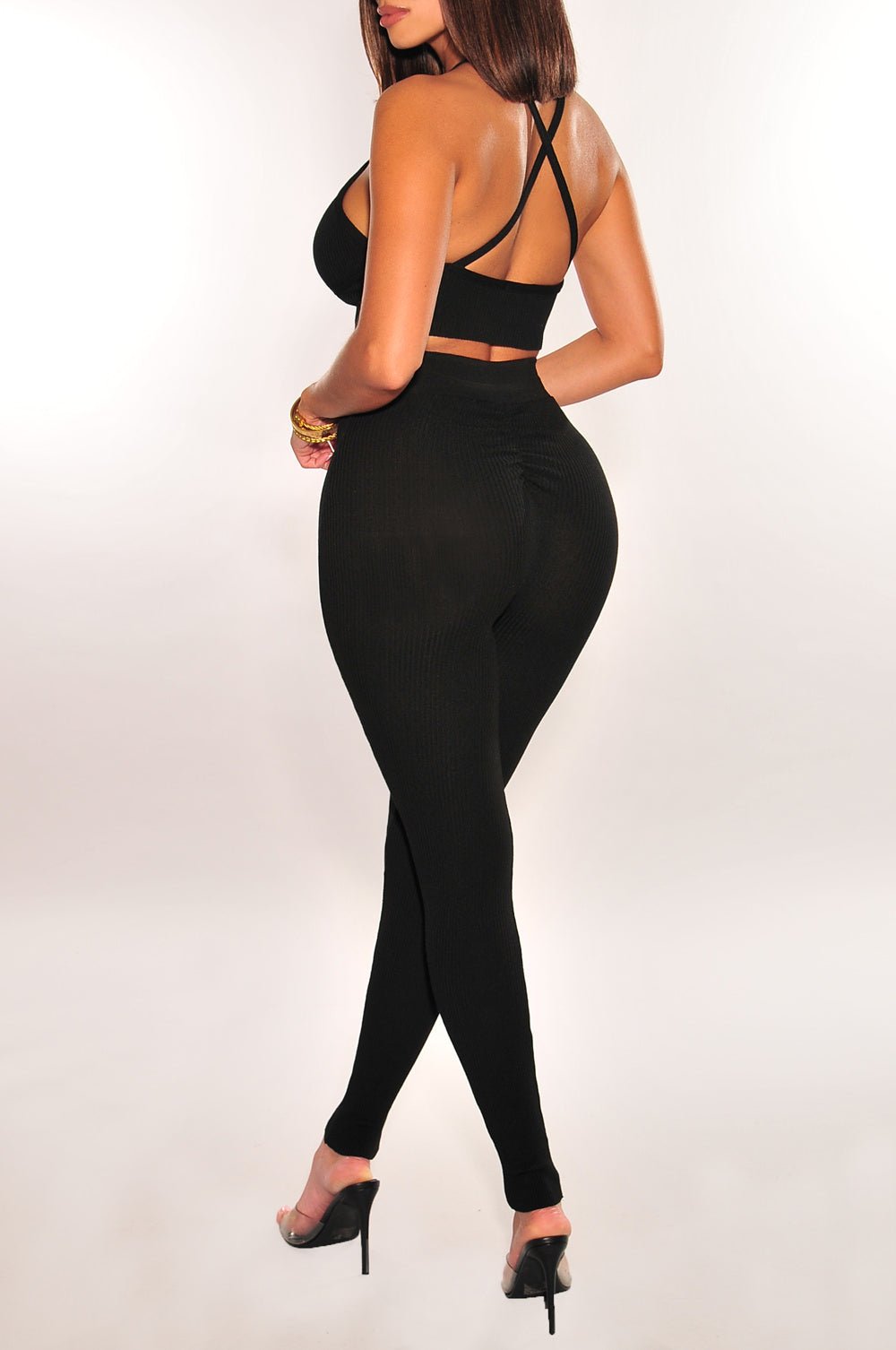 Black Spaghetti Strap Scrunch Butt Leggings Two Piece Set - Sexy Workout Outfit for Yoga, Gym & Casual Wear