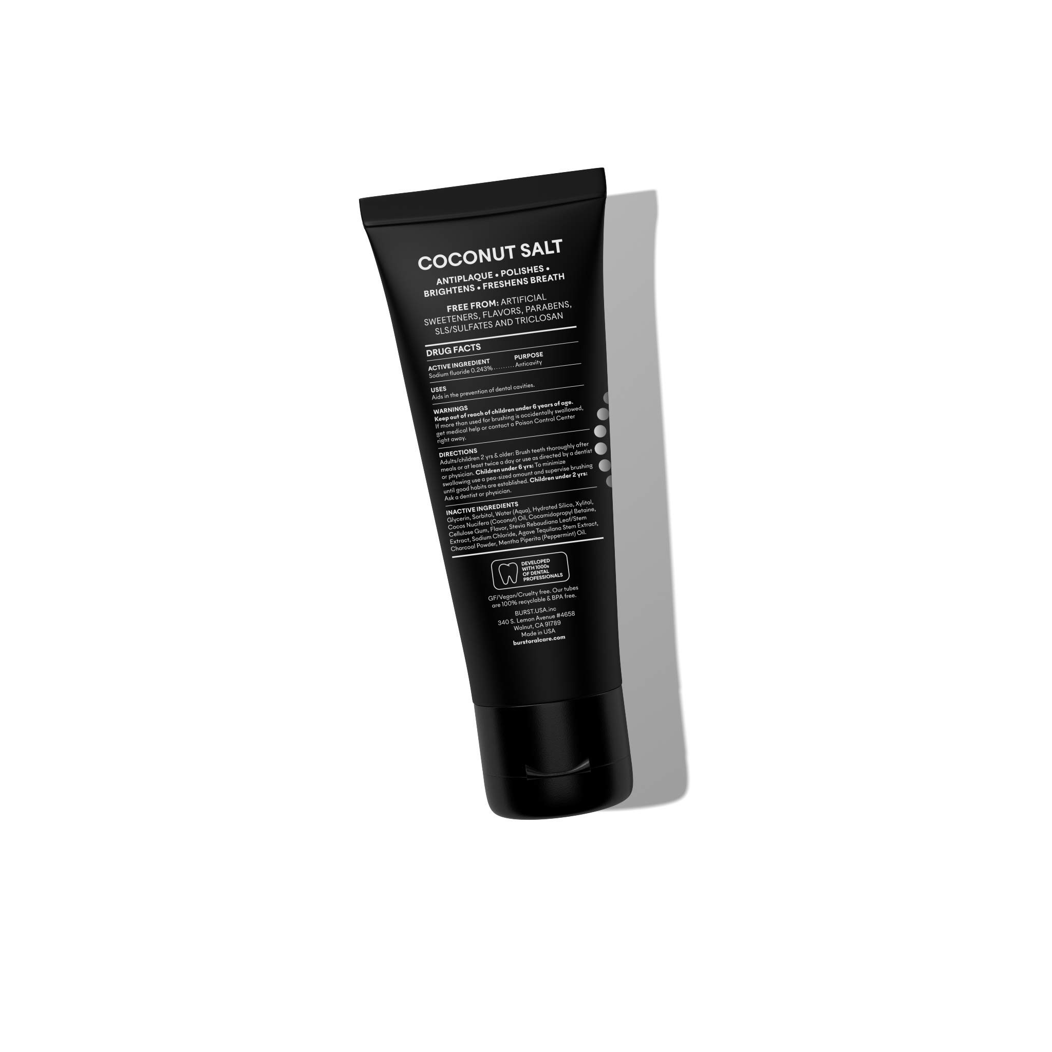 BURST Charcoal Whitening Toothpaste for Adults - Sensitive Teeth, Fluoride & Xylitol for Cavity Protection (4.7oz, 2 Pack) | Vegan, Gluten-Free, SLS-Free | Coconut Salt Flavor | Perfect for Daily Oral Care & Teeth Whitening at Home