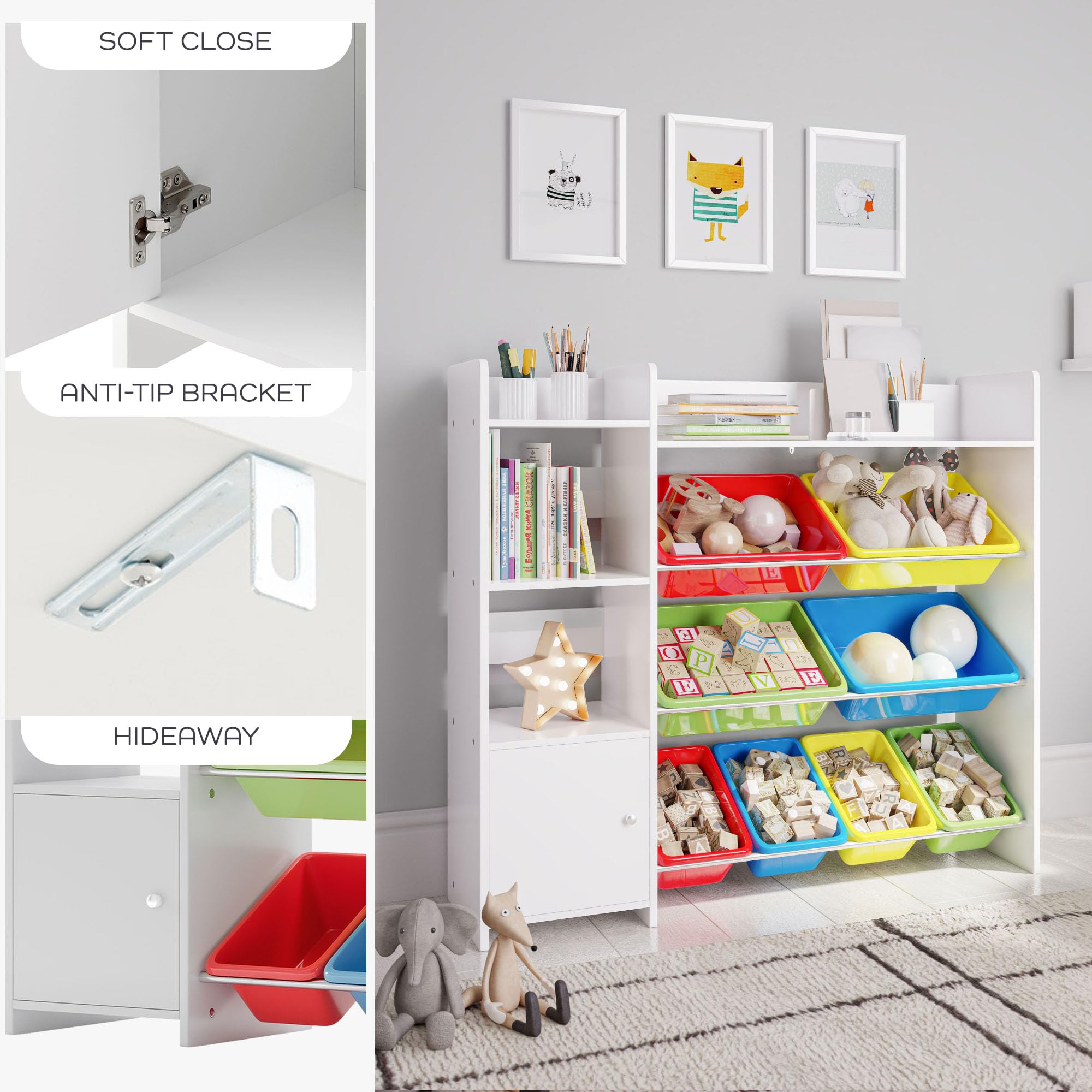 Kids Toy Storage Organizer with Bookshelf - Playroom Organization Unit with Removable Colorful Bins & Anti-Tip Safety Bracket - Multi-Color Toy Shelf for Bedroom, Nursery, and Classroom Organization