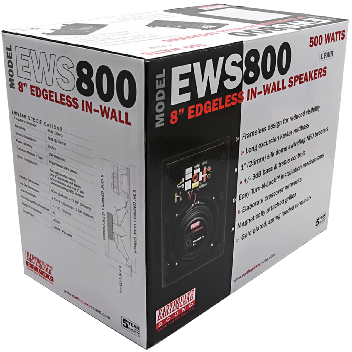 EARTHQUAKE Sound EWS800 Edgeless Series 8-inch In-Wall Speakers (Black, Pair) - High-Quality Home Theater & Surround Sound System for Living Room, Bedroom & Office
