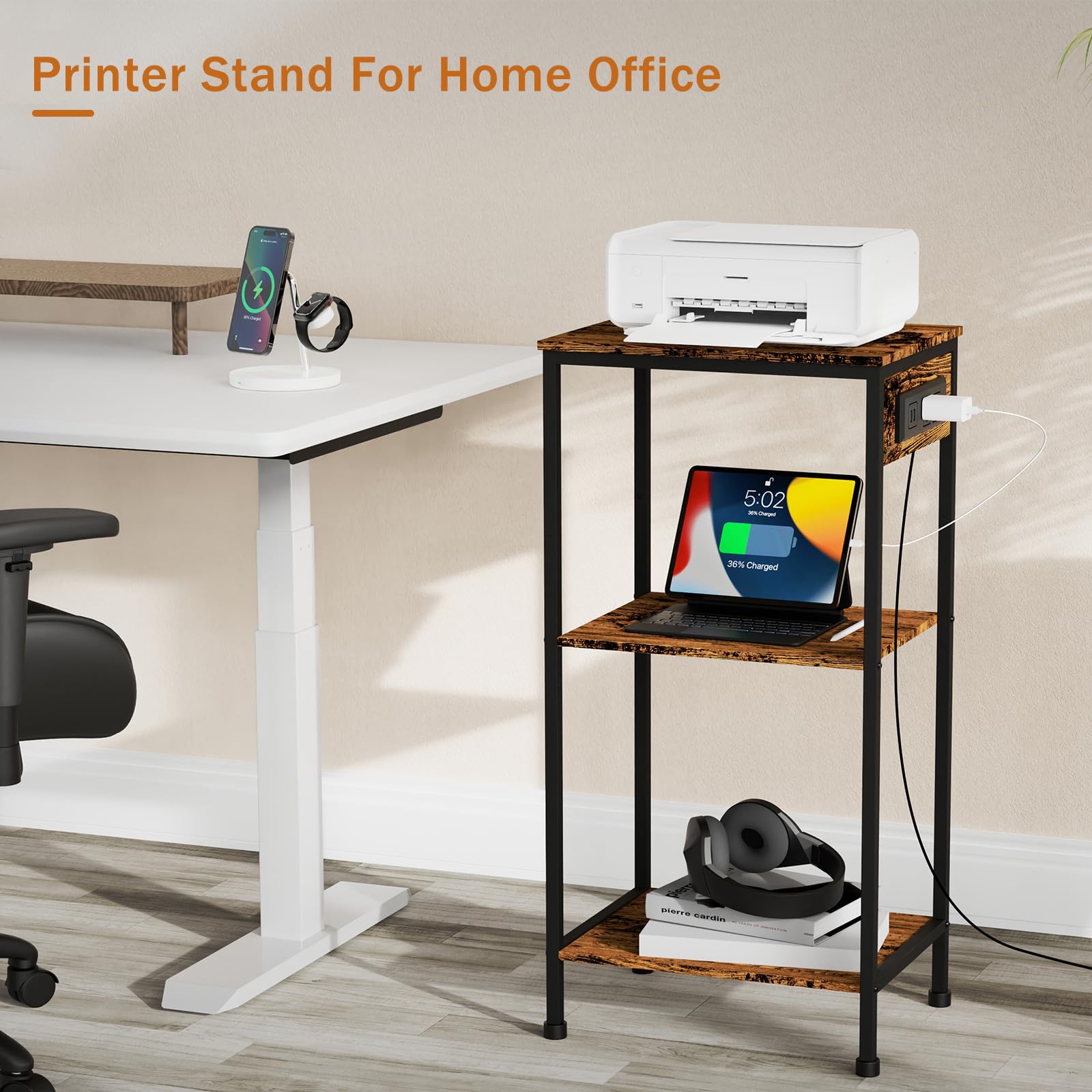 3-Tier Tall End Table with Charging Station & USB Ports - Narrow Nightstand with Storage, Slim Side Table with Outlets for Bedroom, Living Room & Office - Rustic Brown & Black - Perfect for Small Spaces & Device Charging