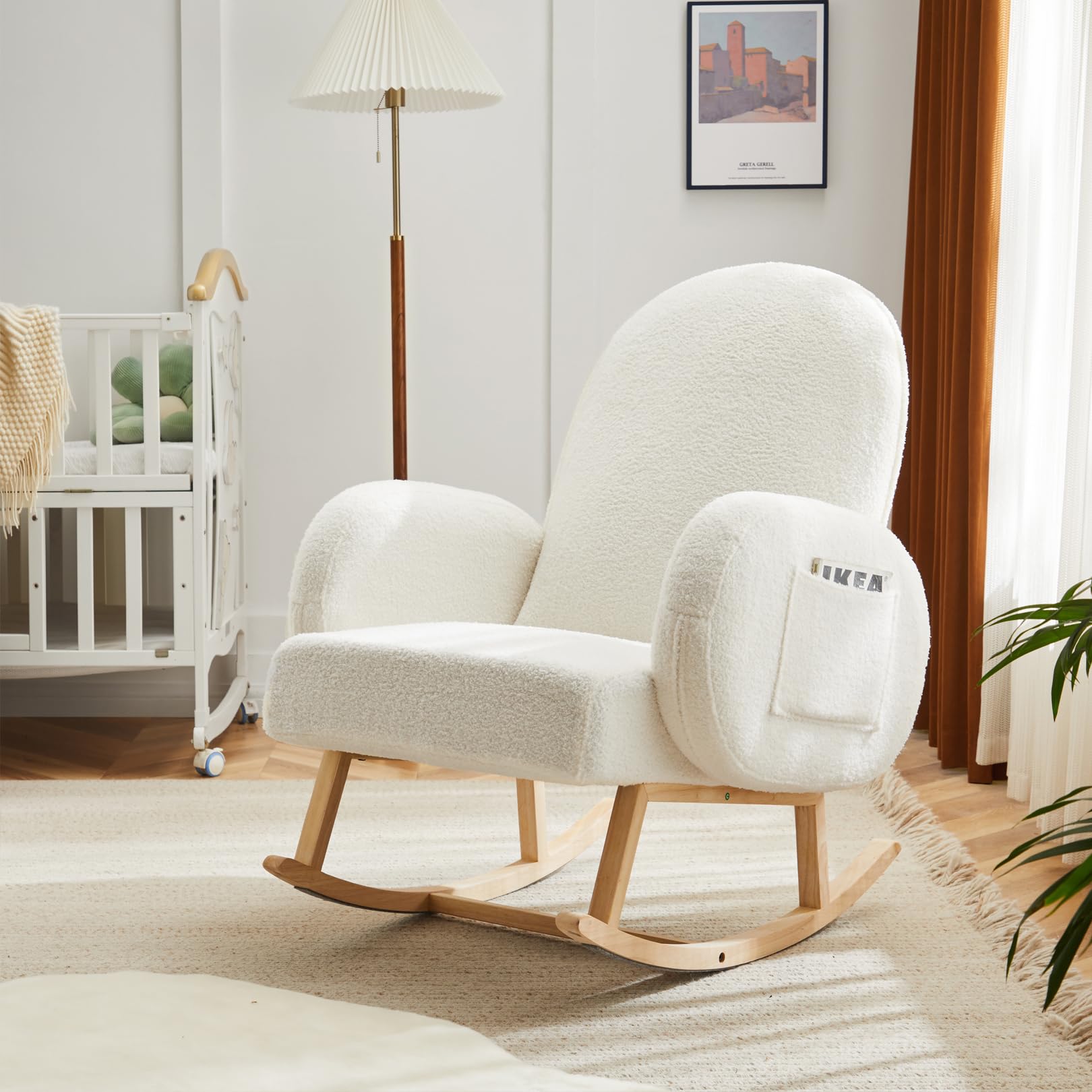 Comfortable Upholstered Rocking Chair with Side Pocket - Solid Rubber Wood Legs - Nursery Glider & Accent Chair for Living Room, Bedroom, Nursery - Perfect for Breastfeeding, Reading Nook & Relaxation