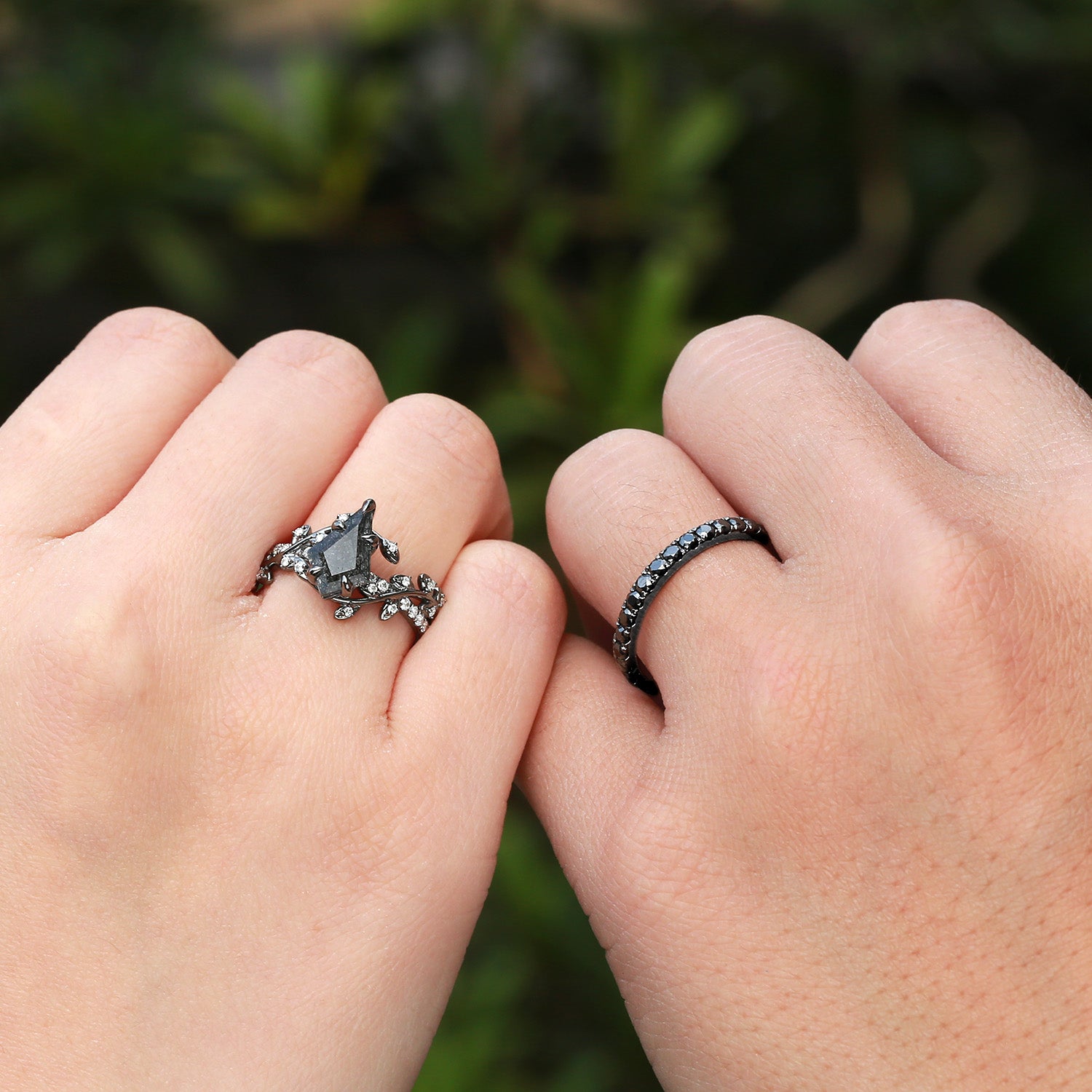 Black Rutilated Quartz Leafy Pave Kite Cut Black Gold Couple Ring Set - 3 Piece Wedding Band Set for Anniversary, Engagement & Romantic Gifts