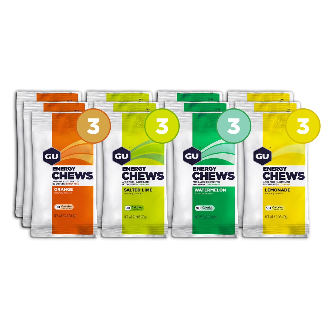 GU Energy Chews - Mixed Pack Electrolyte Energy Gummies | Vegan, Gluten-Free, Kosher, Caffeine-Free, Dairy-Free Workout Fuel | Pre-Workout, Running, Cycling & Outdoor Activities | 12 Bags (24 Servings)