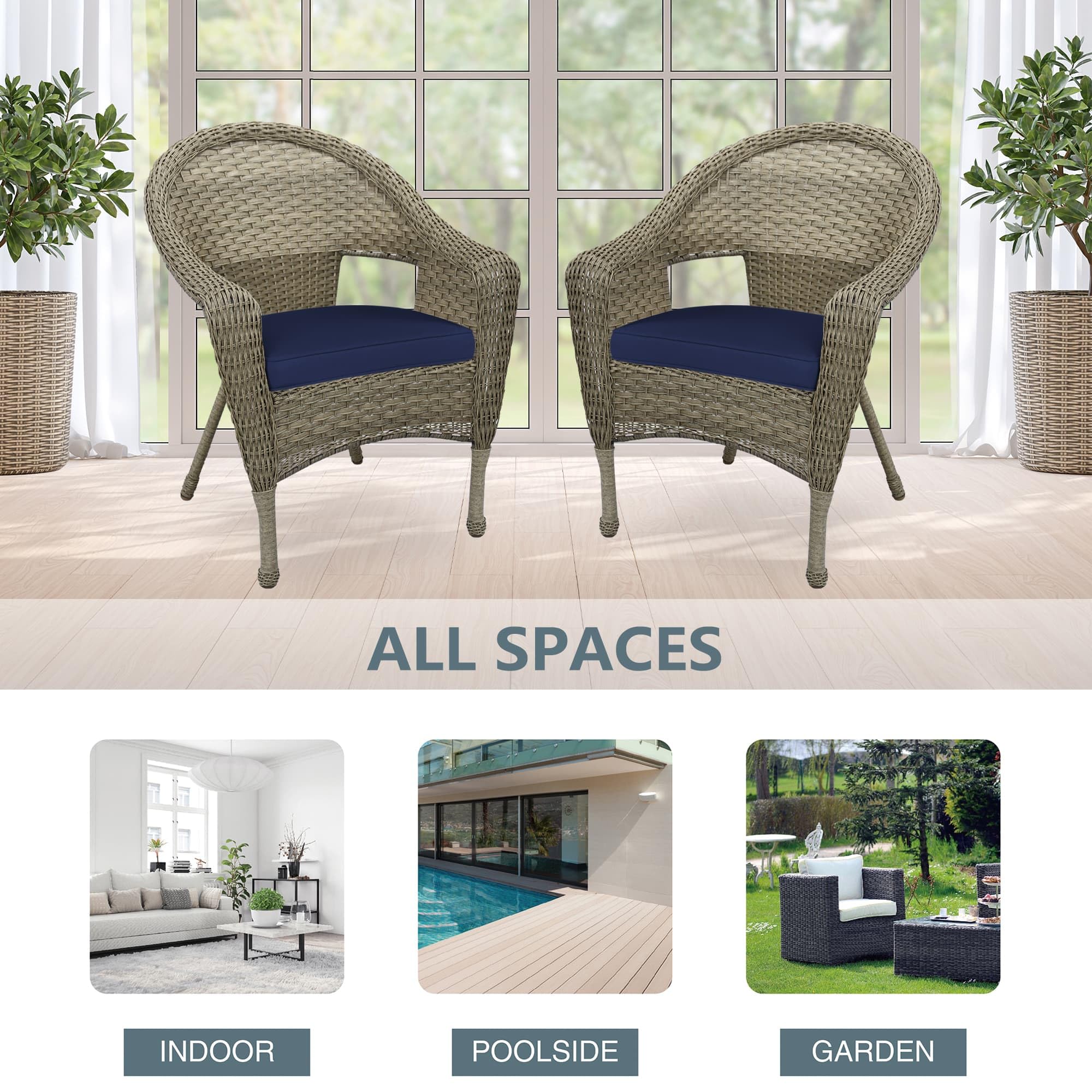 Jeco W00402G_2-FS011 Set of 2 Outdoor Resin Wicker Patio Chairs with Grey Frame & Midnight Blue Cushions - Perfect for Poolside, Garden, or Balcony Relaxation