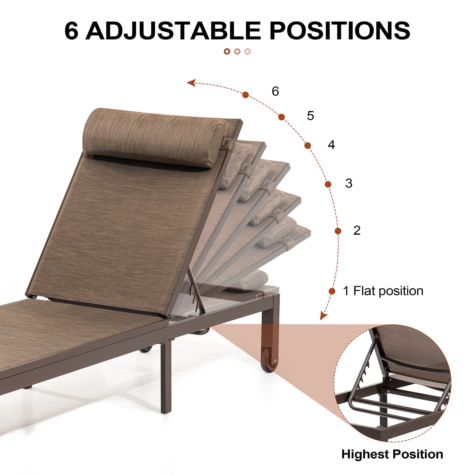 **Crestlive Adjustable Aluminum Patio Chaise Lounge with Headrest & Wheels – 6-Position Recliner for Poolside, Beach, Yard – All-Weather Outdoor Lounge Chair for Relaxing & Sunbathing**