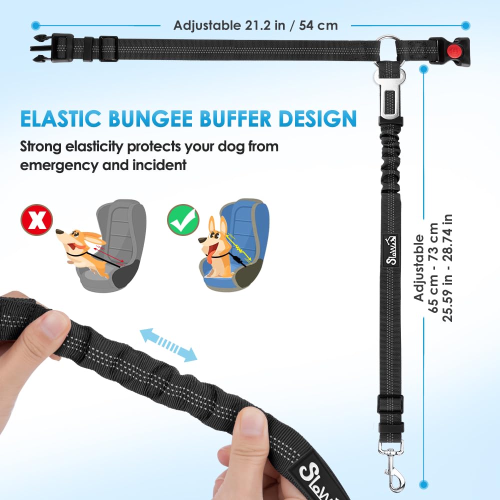 SlowTon 2-Pack Adjustable Dog Seat Belt for Cars - Elastic Bungee Buffer Safety Harness with Reflective Tether (Black) | Headrest + Clip Attachment | Perfect for Road Trips & Pet Travel Safety