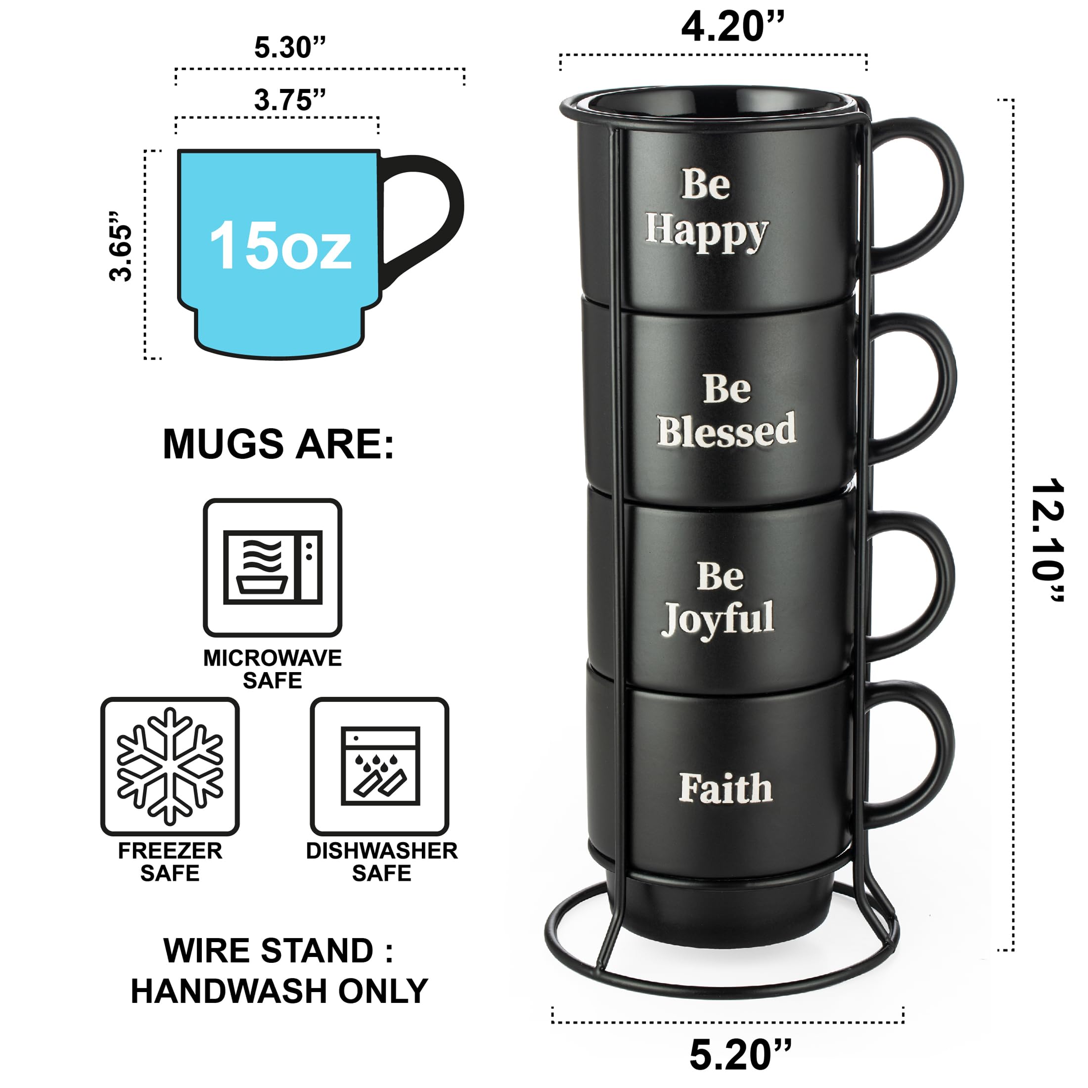 Happy Stackable Stoneware Coffee Mug Set - 4-Pack, 15oz for Coffee, Tea & Hot Drinks - Matte Black