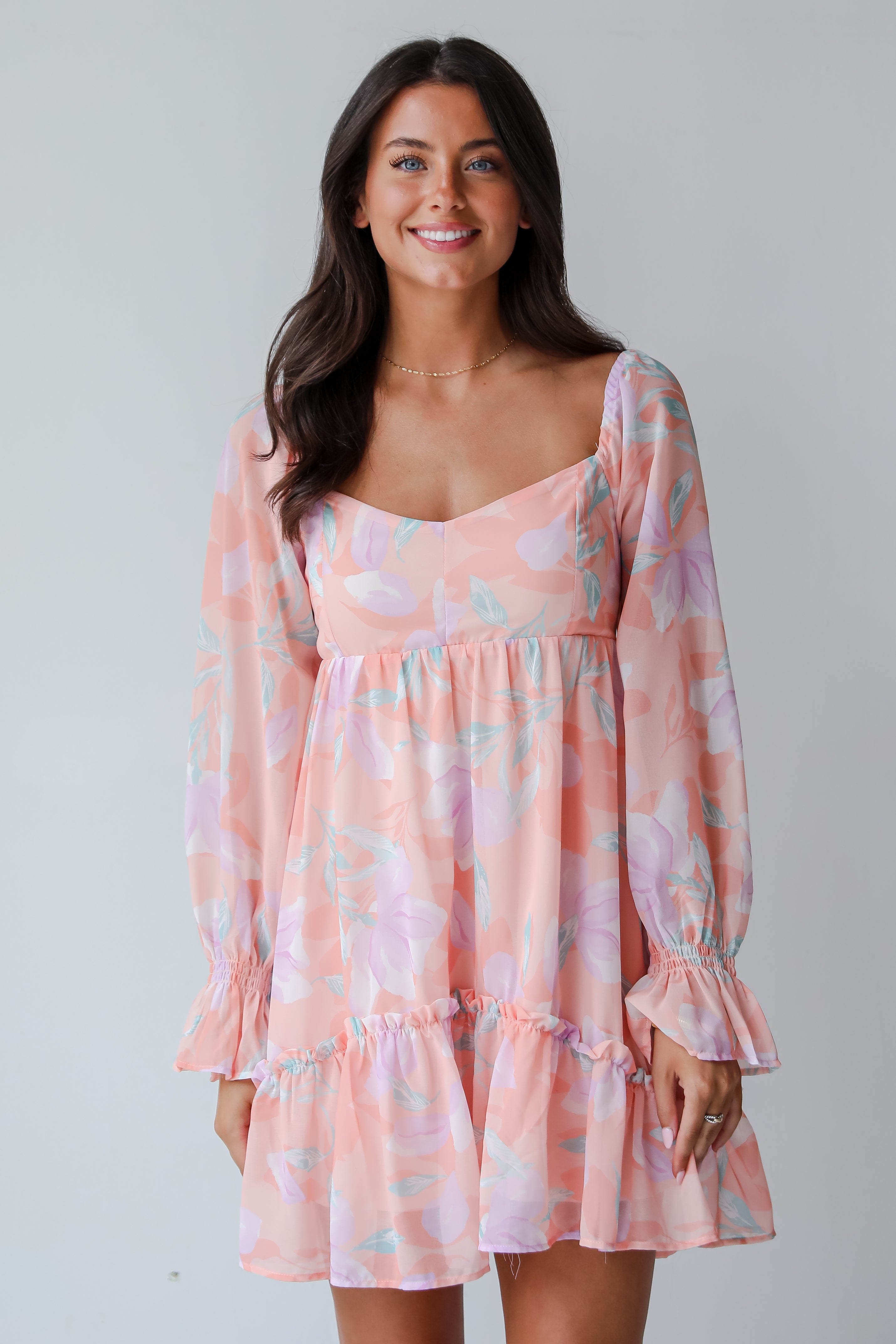 Bold Tendencies Peach Floral Mini Dress for Women - Summer Flowy Party Cocktail Dress - Perfect for Beach Vacations, Date Nights & Outdoor Weddings