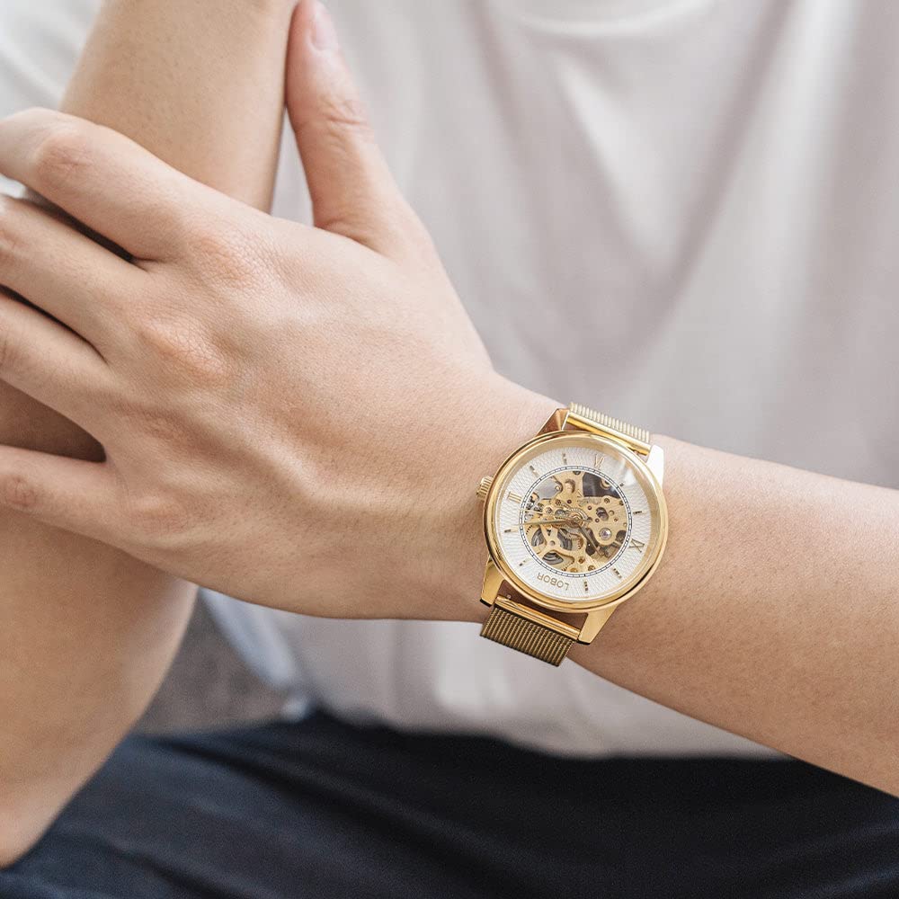 LOBOR Unisex 40mm Skeleton Automatic Watch - Stainless Steel Case Mechanical Watch with Transparent Dial - Perfect for Business, Casual Wear & Gift Giving