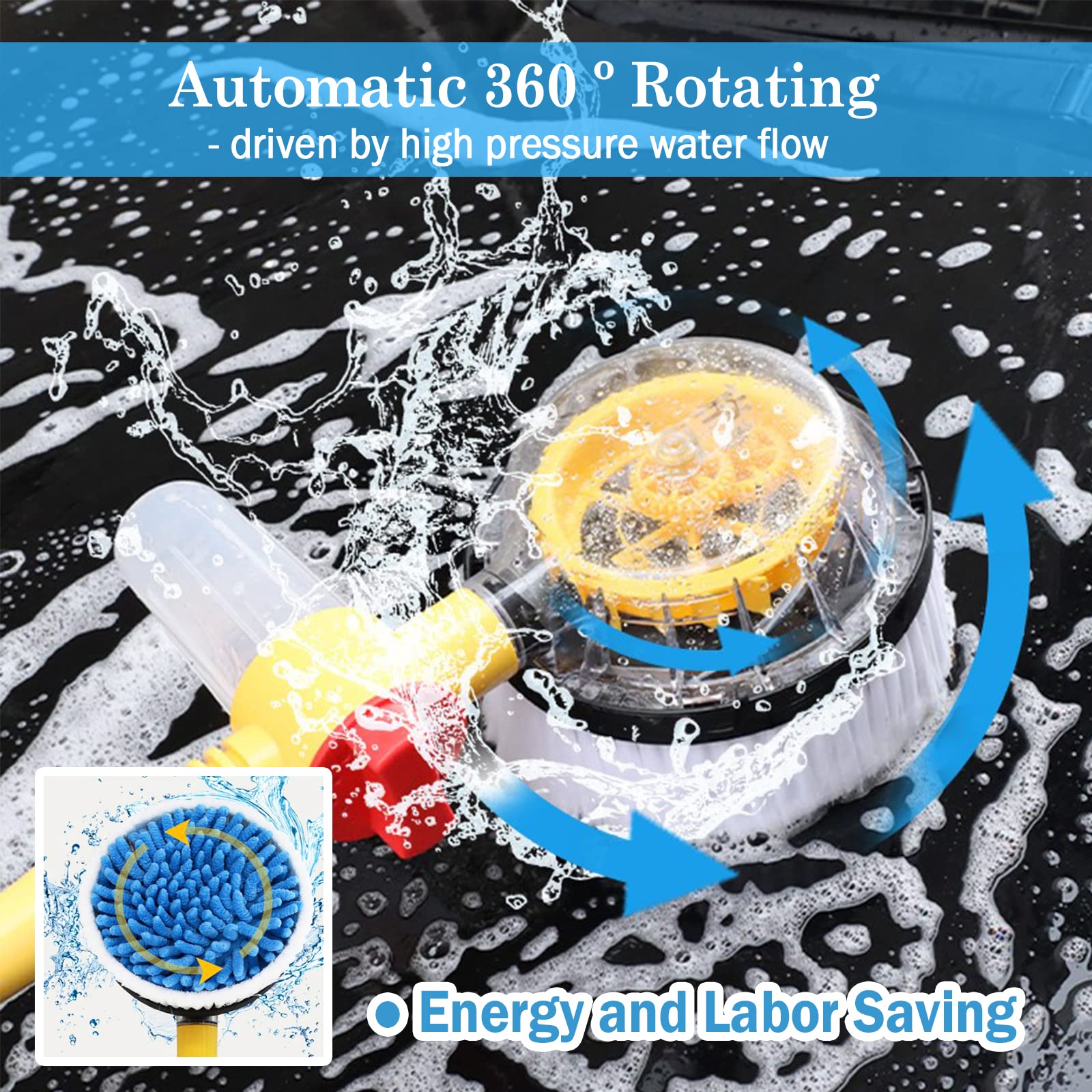 Rotating Car Wash Brush with Hose Attachment - Soft Chenille Microfiber Bristles, Long Handle Car Cleaning Brush with Soap Dispenser - Ideal for Washing Cars, Trucks, SUVs, and Boats (Yellow)