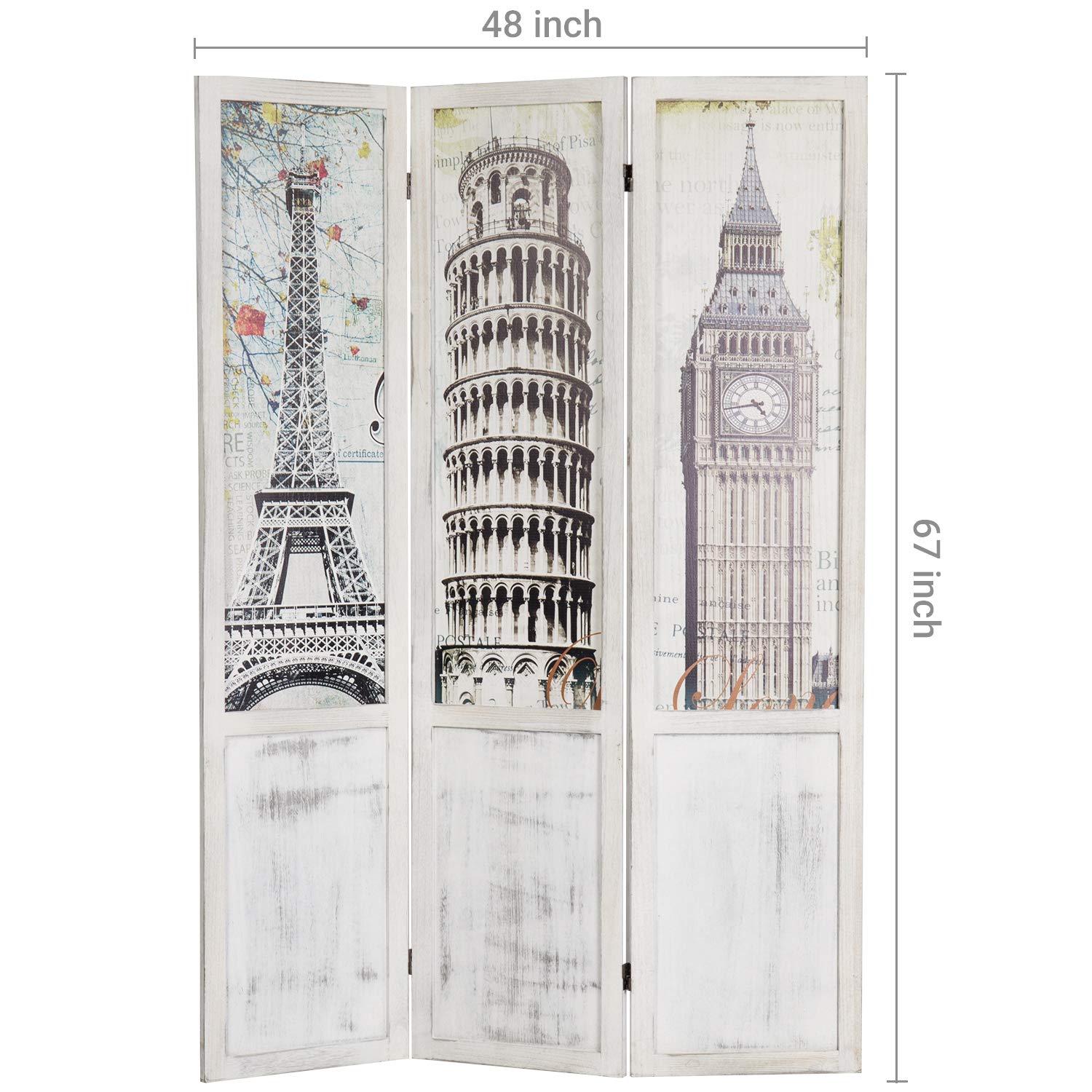 MyGift 3-Panel Single-Sided European Famous Landmarks Room Divider with Whitewashed Wood Frame - Stylish Room Partition for Home, Office, and Dorm Decor