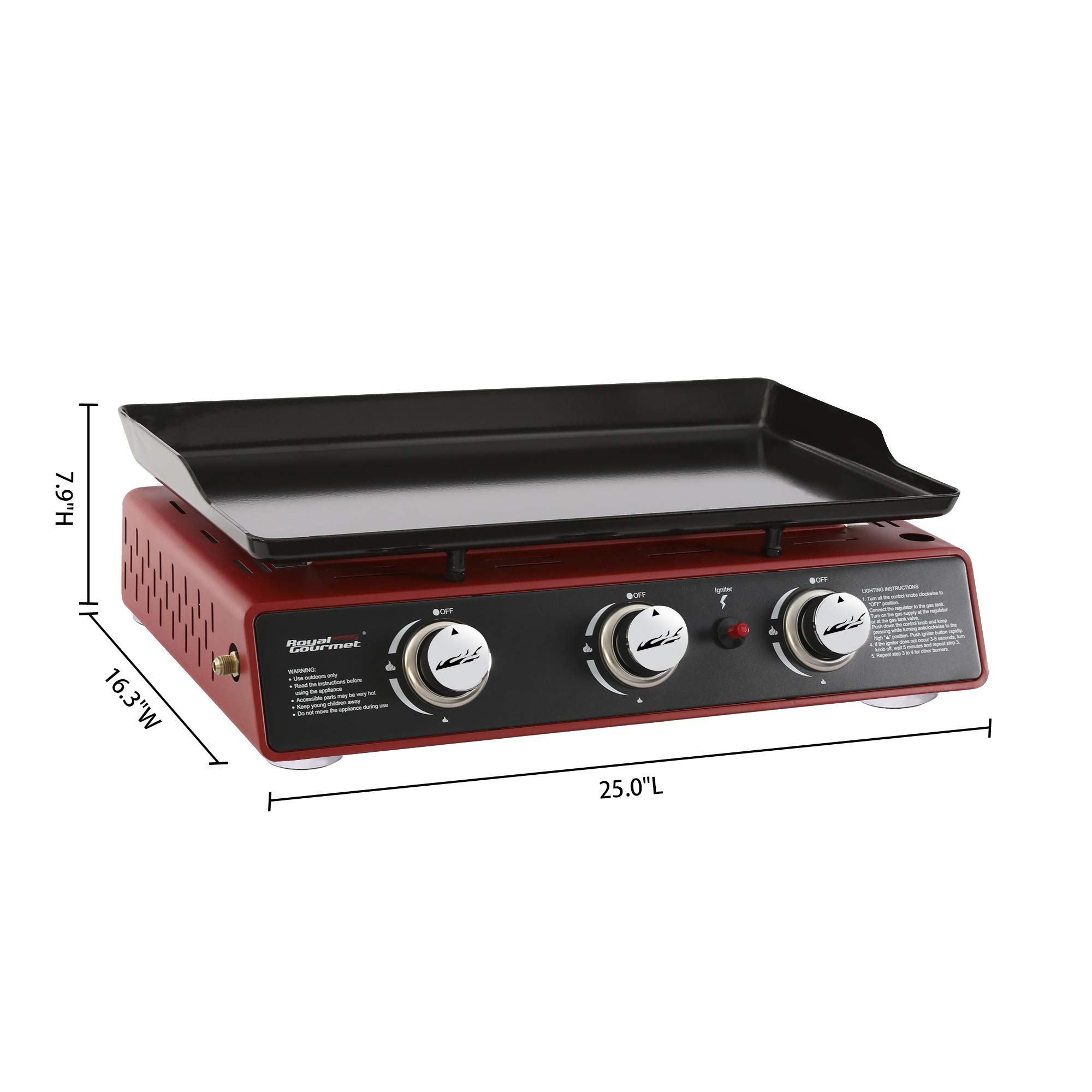 Royal Gourmet PD1301R Portable 24-Inch 3-Burner Table Top Gas Grill Griddle with Cover - 25,500 BTUs Outdoor Cooking for Camping, Tailgating, Backyard BBQs & Picnics - Red