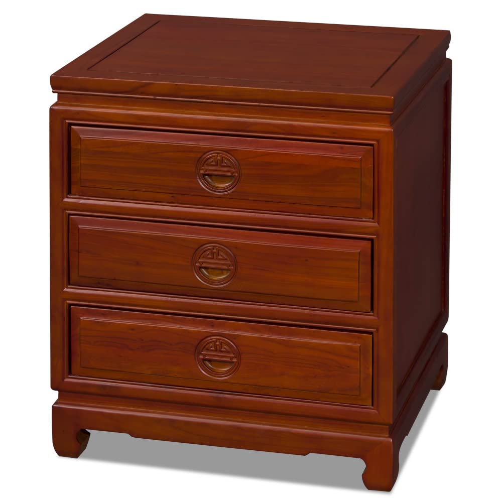 Elmwood Chinese Nightstand with 3 Drawers - Longevity Design Solid Wood Bedside Table - Natural Finish for Bedroom, Living Room & Guest Room Furniture