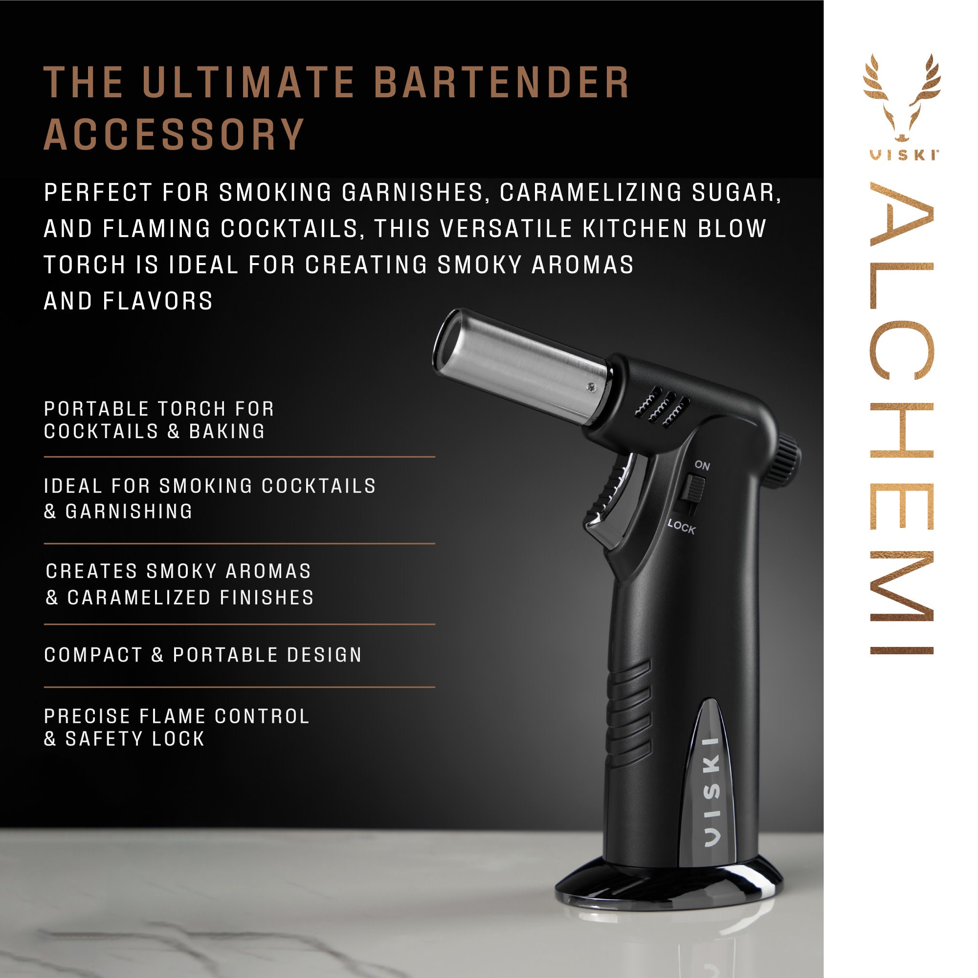 Professional Butane Culinary Torch for Cooking, Baking & Desserts - Alchemi Bartender's Torch - Perfect for Crème Brûlée, Seared Steak & Cocktail Garnishing