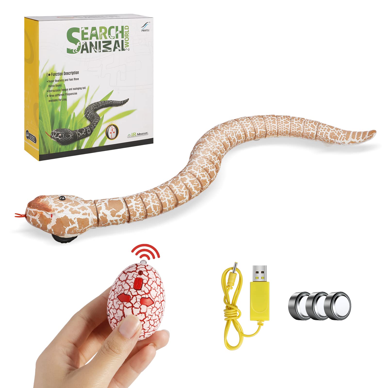 Ufurty Rely2016 Realistic Remote Control RC Snake Toy - Fast Moving Simulation Rattlesnake Robotic Toy with USB Rechargeable Battery & Snake-Egg Controller - Scary Trick Toy for Kids Outdoor Play, Halloween Prank, and Party Fun