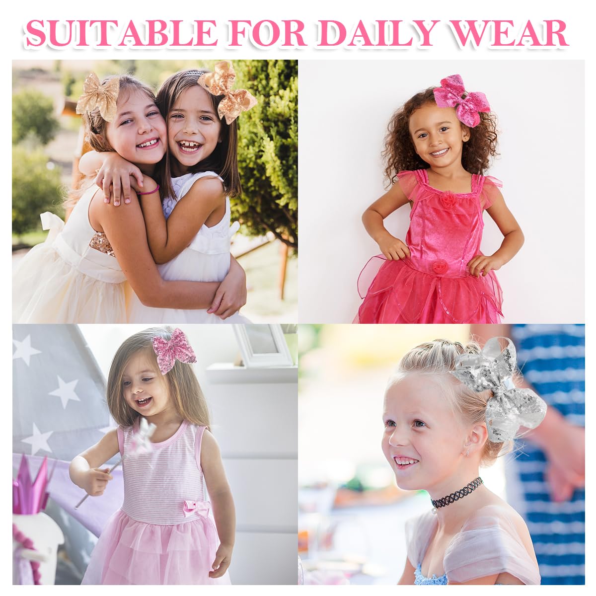 Aaiffey Sparkly Sequin Glitter Hair Bows for Girls - 4PCS Pink Alligator Clip Hair Accessories for Toddlers, Kids & Teens | Perfect for Parties, School, and Everyday Wear