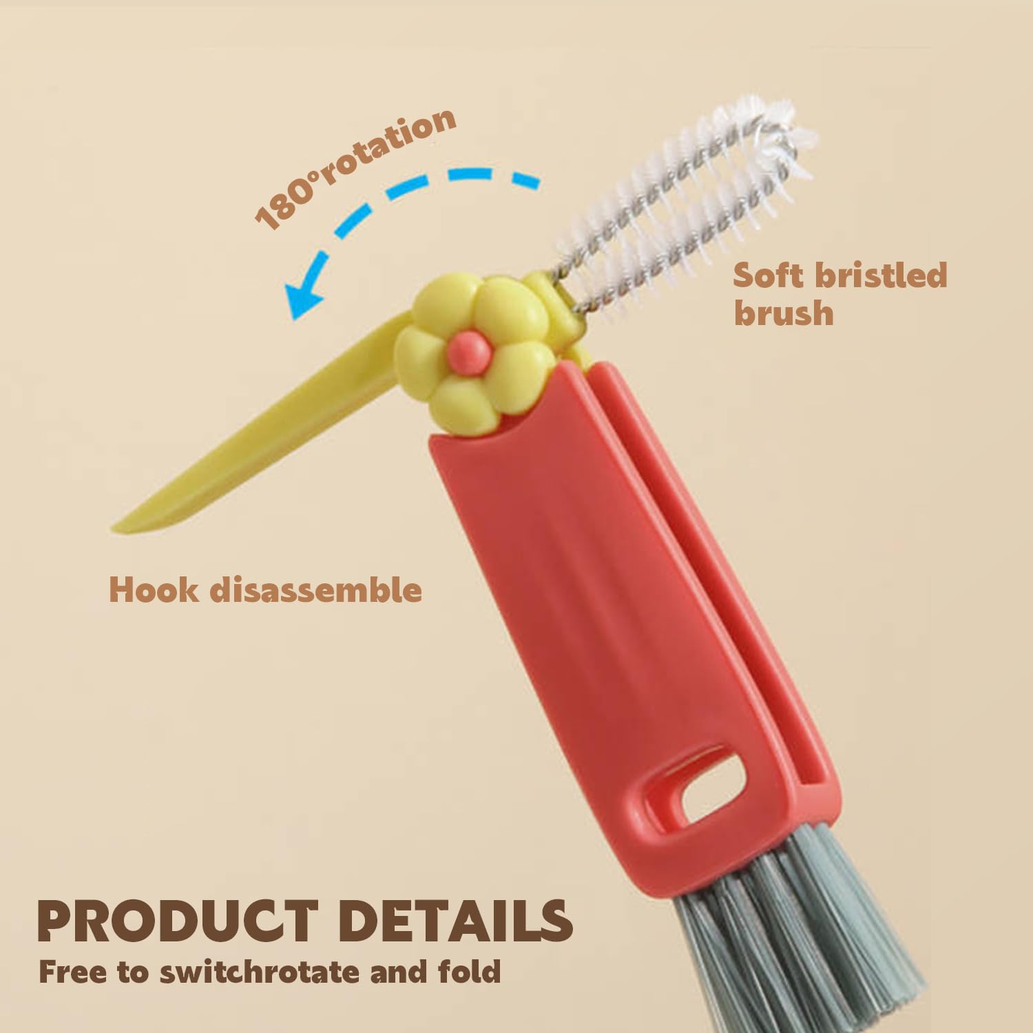 3 in 1 Multifunctional Cleaning Brush Set - Bottle Gap & Tight Space Cleaner, Cup Lid Scrubber with Handle (6 Pack) - Perfect for Travel, Baby Bottles & Kitchen Cleaning