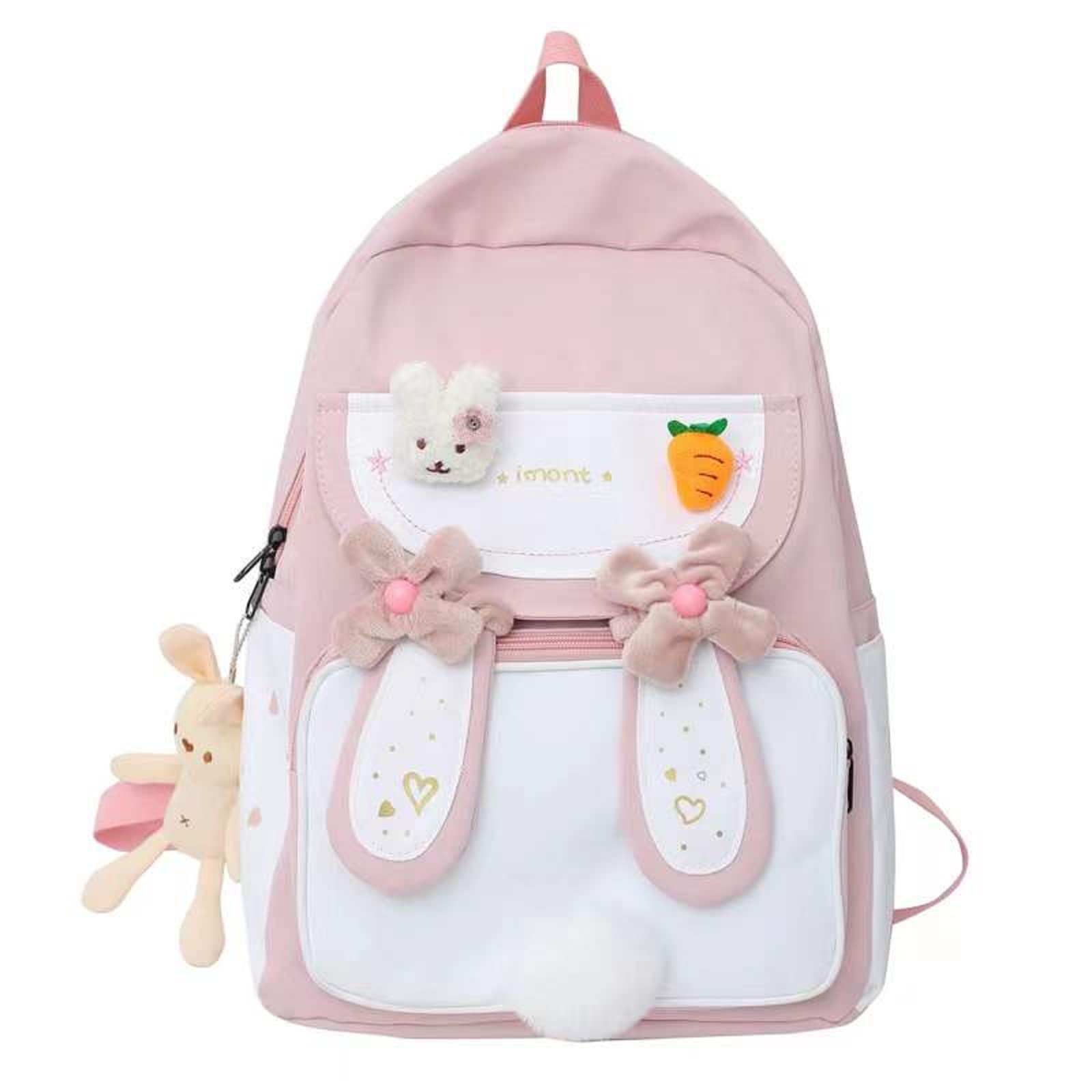Cute Bunny Ear Backpack for Teen Girls - Large Kawaii School Bag with Pendant Pins, Laptop Satchel Bookbag for Students (Pink) - Perfect for School, College, Travel & Everyday Use