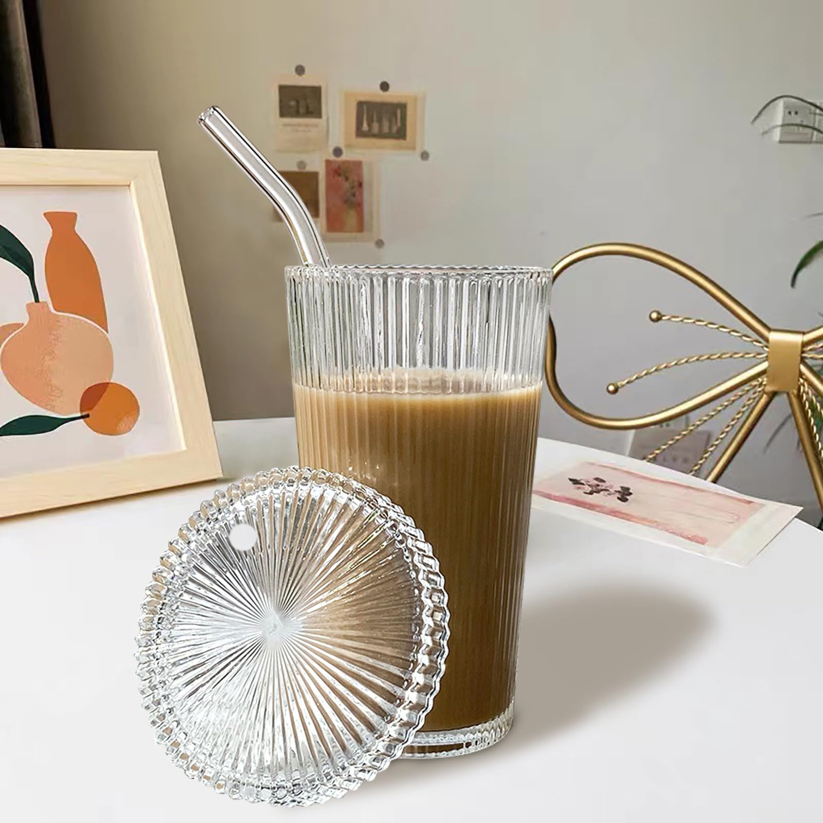 12.5oz Glass Coffee Cup with Lids & Straws - Leak-Proof, BPA-Free Drinking Glasses for Iced Coffee, Smoothies & Cold Beverages - Perfect for Home, Office & Cafe Use (Round Shape, Non-Screw Secure Lid)