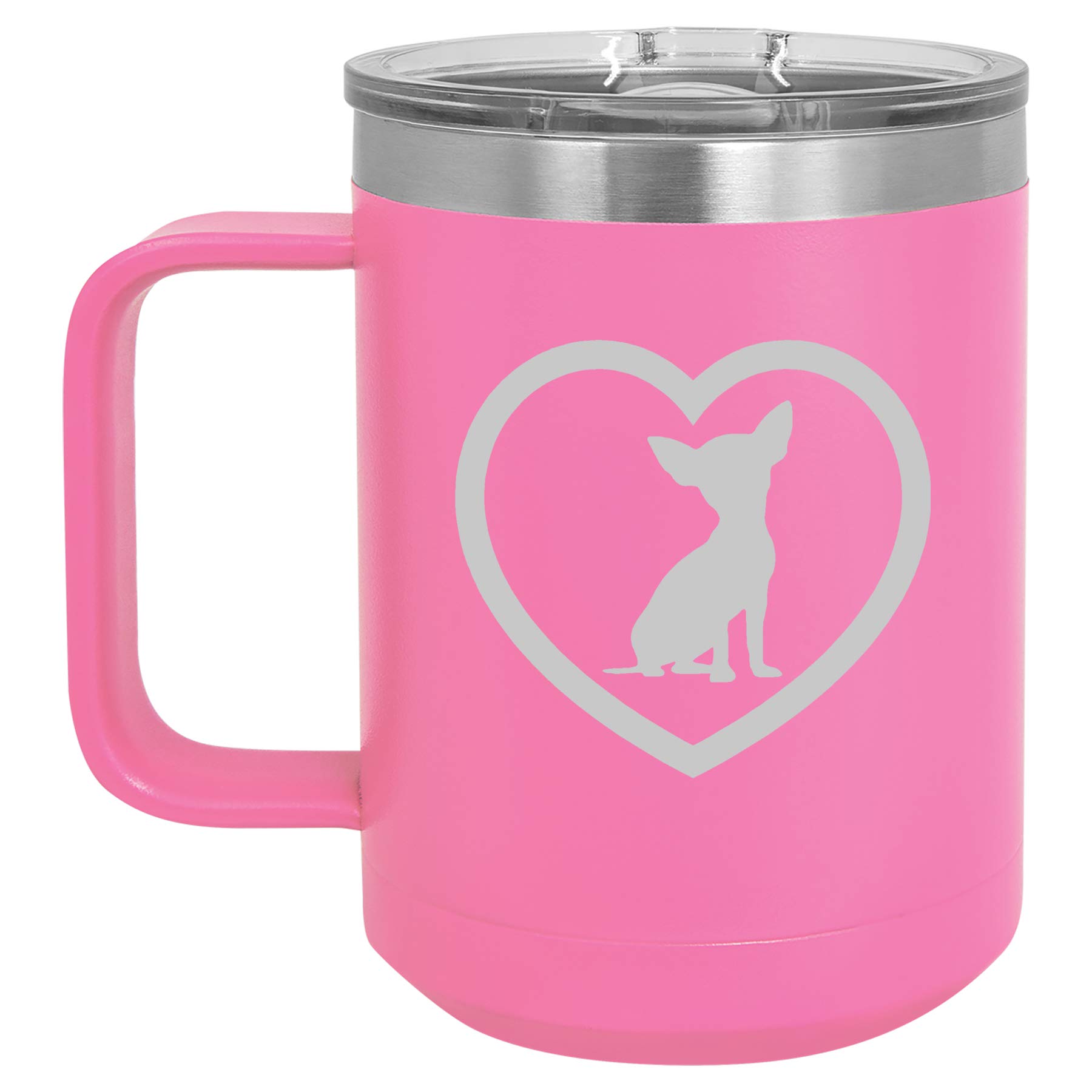 15 oz Vacuum Insulated Stainless Steel Travel Tumbler with Handle & Lid - Chihuahua Heart Design (Hot Pink) | Perfect for Coffee, Tea & Cold Drinks On-The-Go, Office & Outdoor Adventures