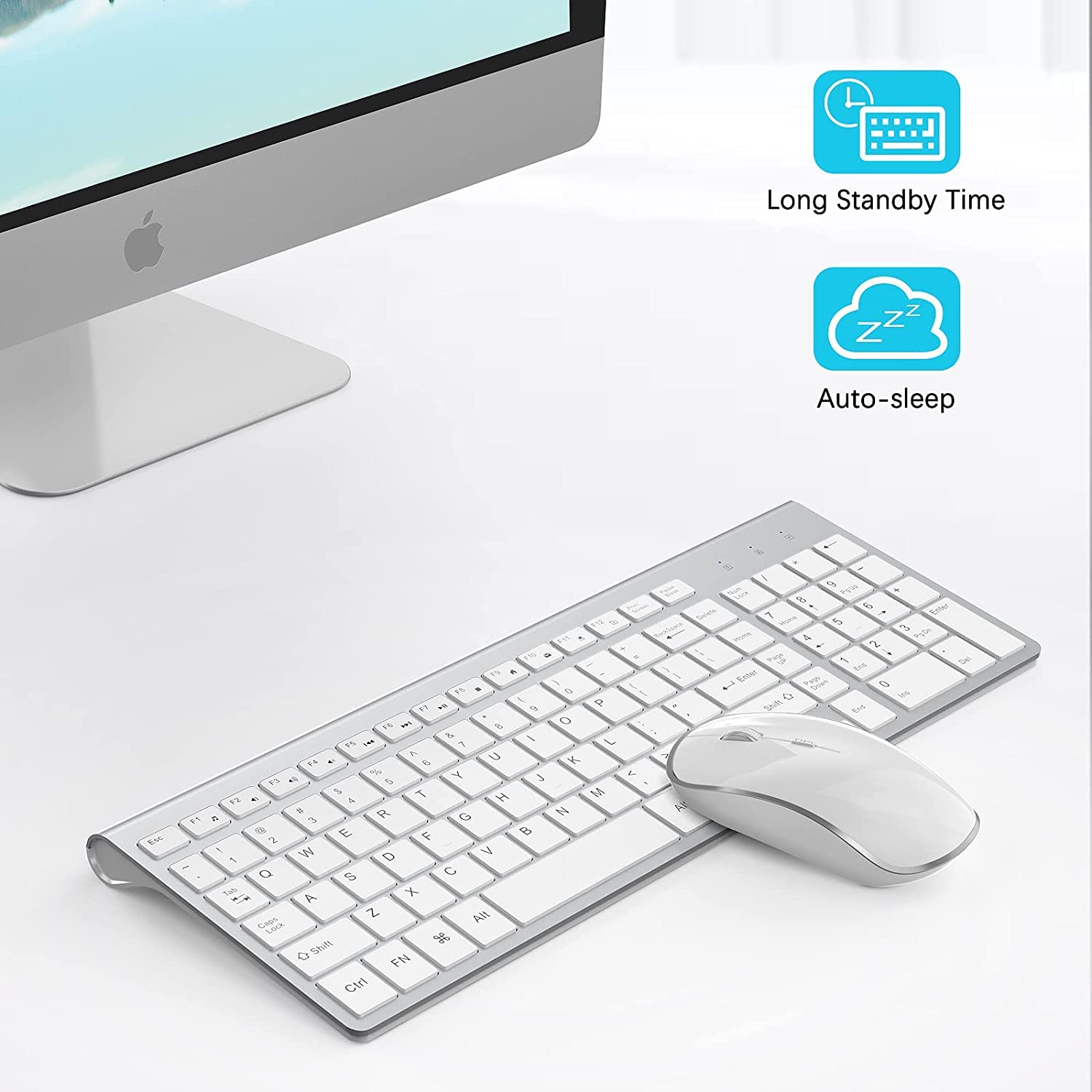 Wireless Keyboard and Mouse Combo with Numeric Keypad - Slim USB Wireless Keyboard & Mouse Set for iMac, Mac, PC, Laptop, Tablet - Compatible with Windows (Silver White) - Perfect for Office Work, Home Computing, and Gaming