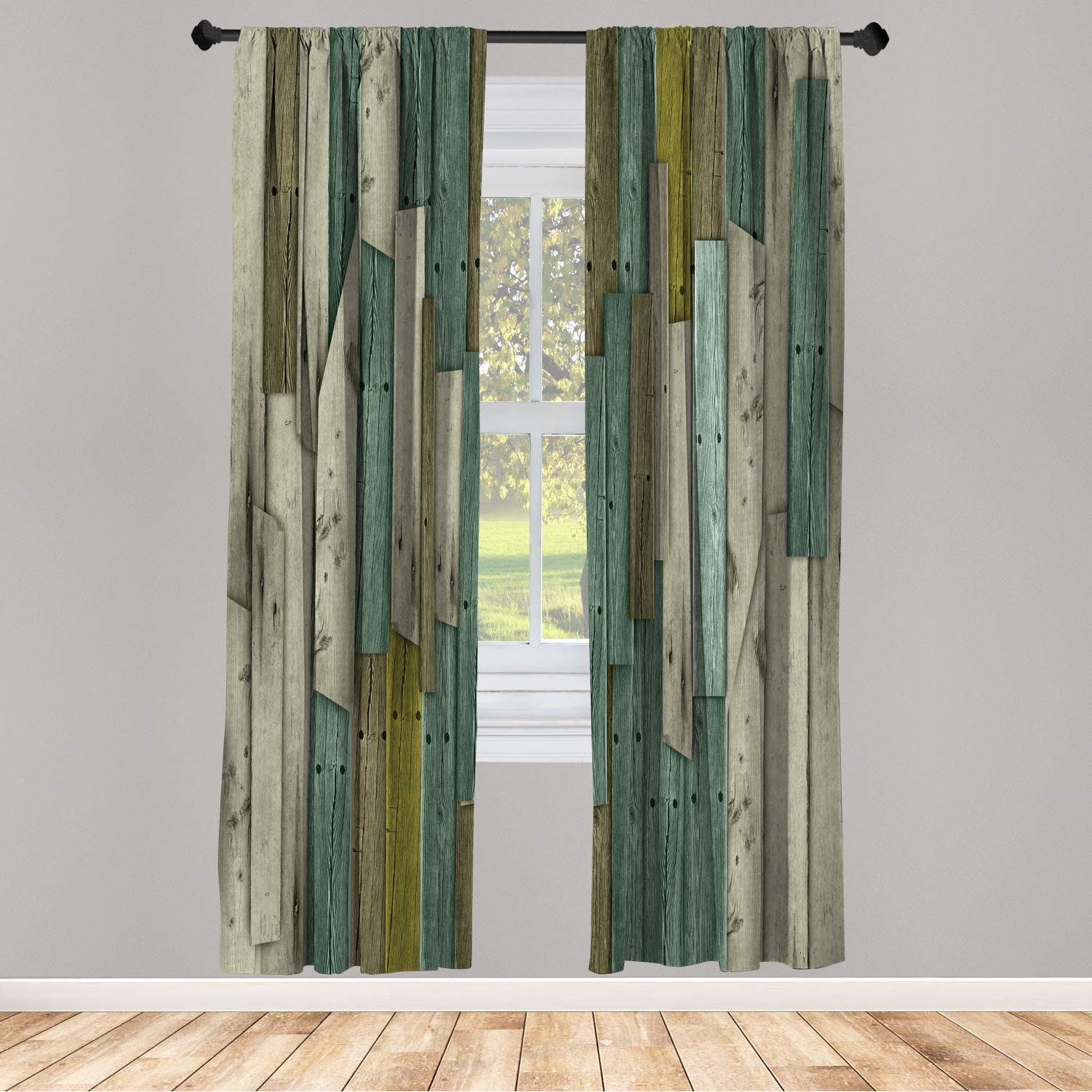 Ambesonne Rustic Window Curtains - Grunge Wood Plank Design, Country Farmhouse Decor, Lightweight 2-Panel Set with Rod Pocket, 28