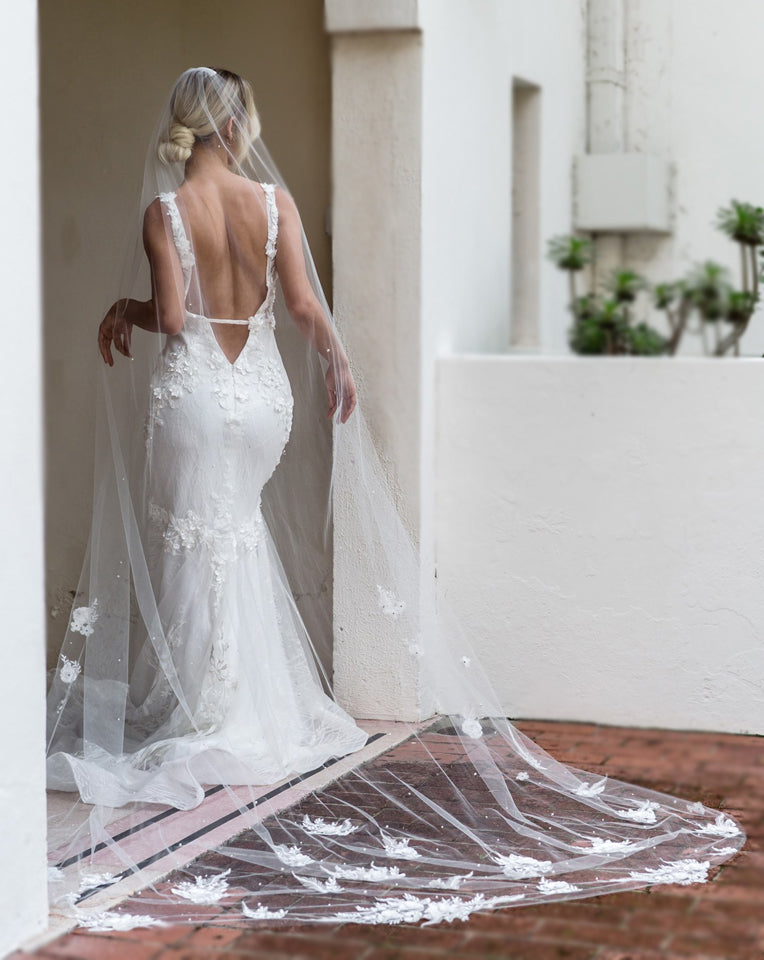 Elegant 3D Floral Lace Wedding Veil with Scattered Pearls - Laticia Collection at Kezani | Perfect for Bridal Ceremonies, Photos & Special Occasions