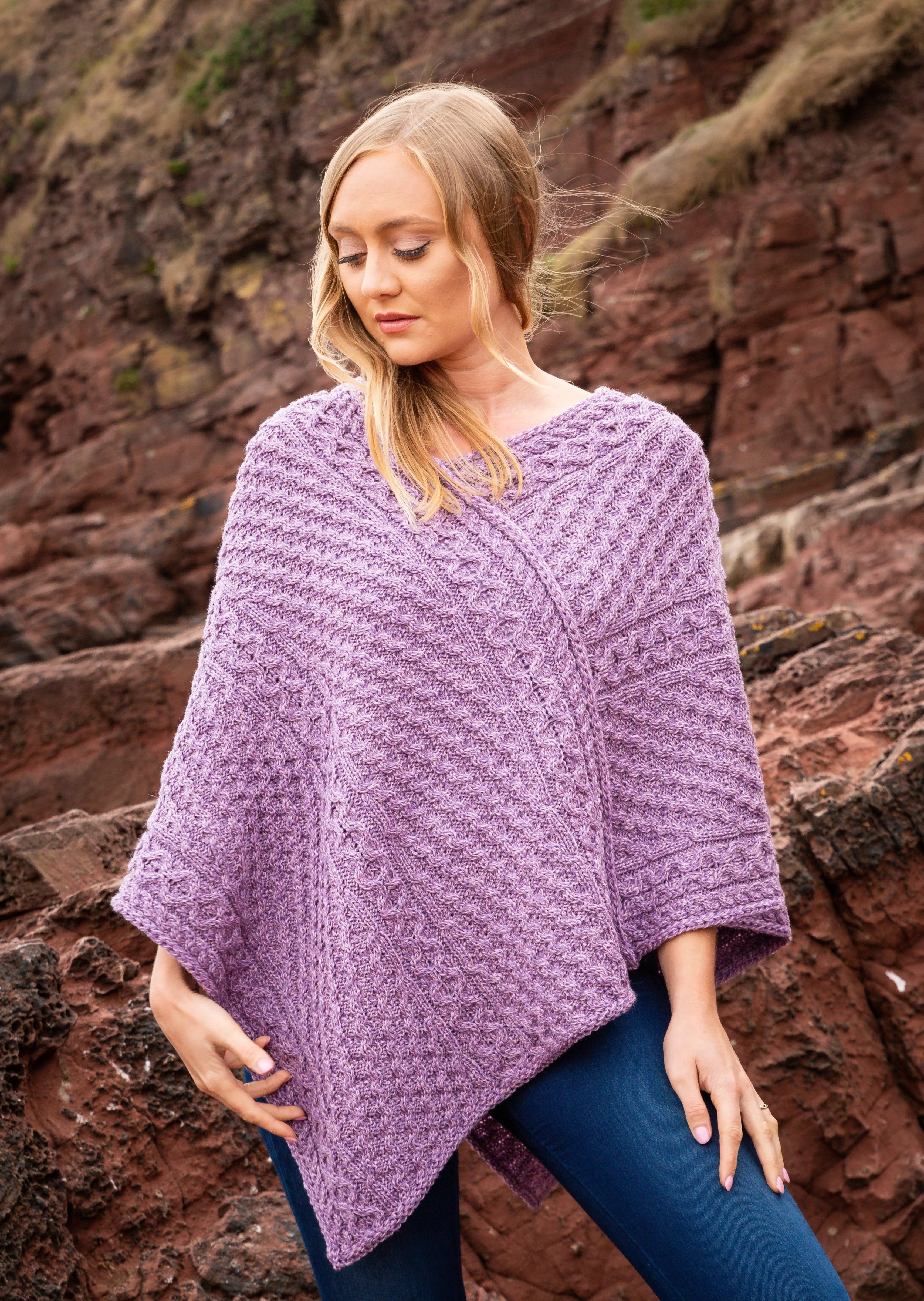 Aran Merino Wool V-Neck Poncho for Women - Soft Lavender Winter Shawl Wrap, Perfect for Outdoor Activities, Travel & Cozy Home Wear