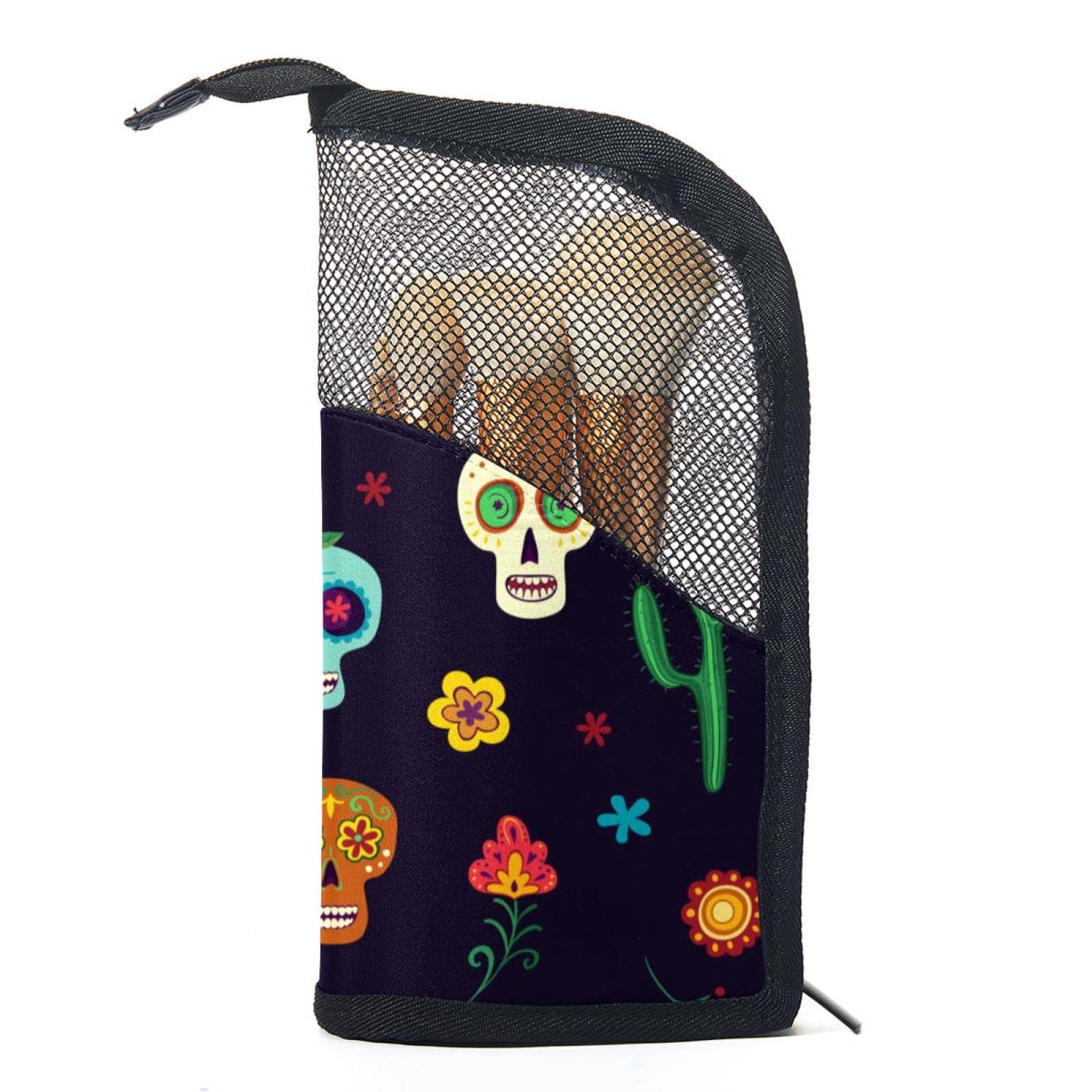 12-Piece Sugar Skull Makeup Brush Organizer Bag with Floral Design - Portable Cosmetic Brush Holder Case for Travel & Home Storage | Perfect for Makeup Artists & Beauty Enthusiasts