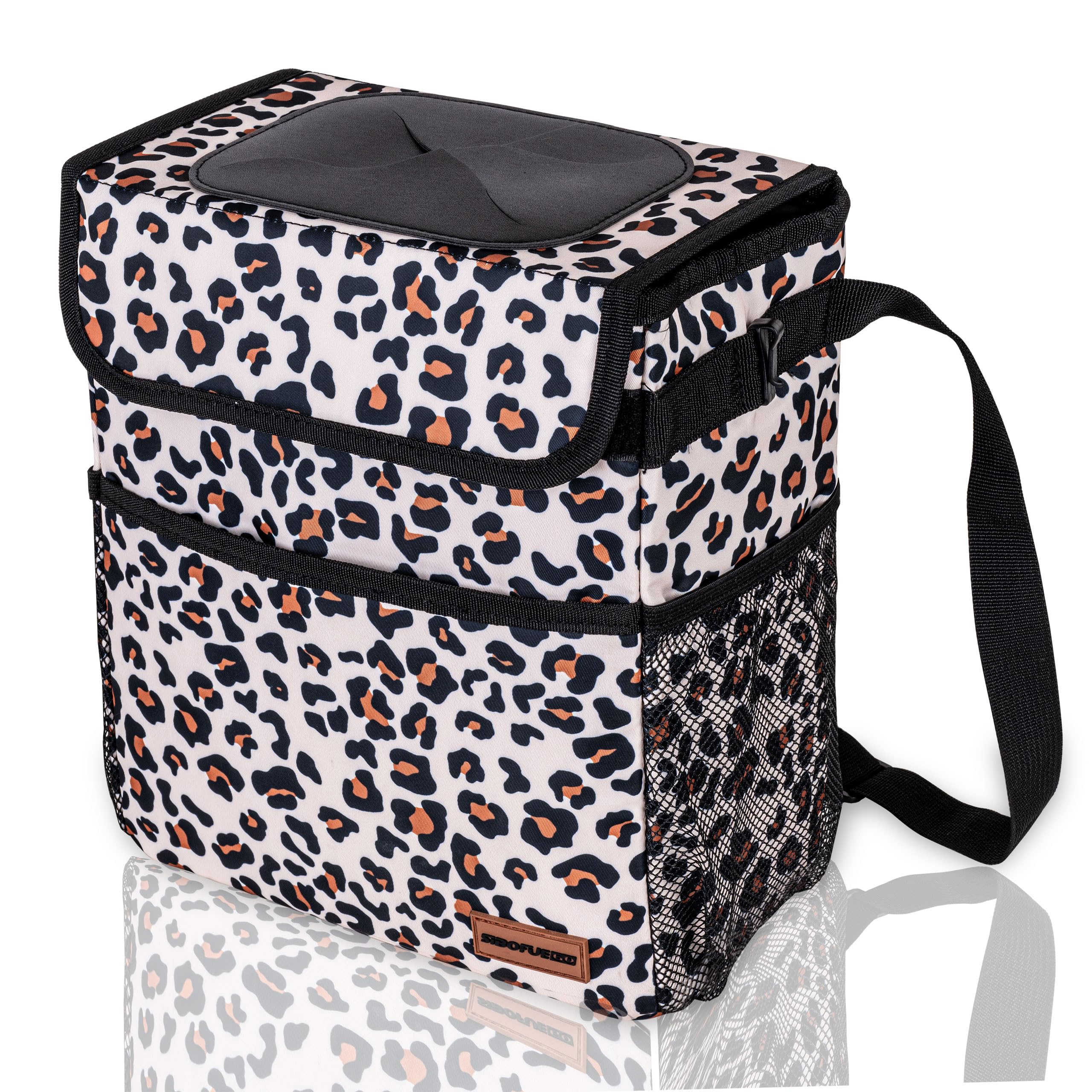 Leopard Print Collapsible Car Trash Can with Lid - 2 Gallon Waterproof & Leak-Proof Vehicle Garbage Bin with Storage Pockets & Adjustable Straps | Perfect for Road Trips, Commuting, and Keeping Your Car Clean