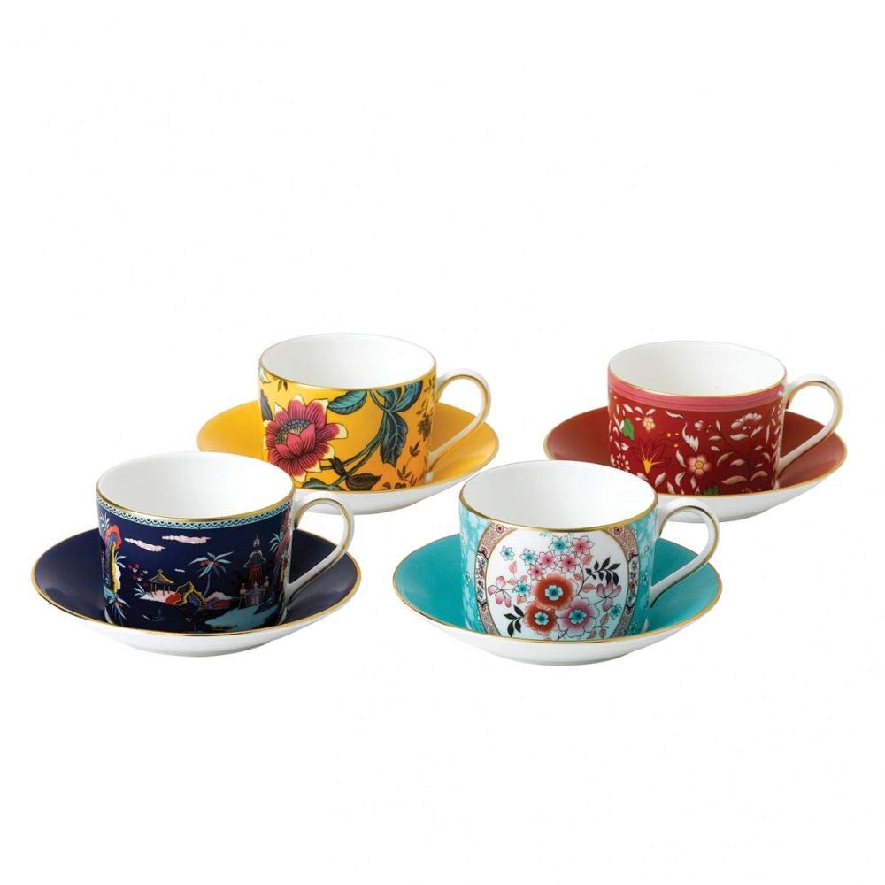 Wedgwood Wonderlust 4-Piece Teacup and Saucer Set - 5 oz Porcelain Tea Cups with Floral Design - Elegant English Tea Set for Afternoon Tea, Bridal Shower, and Gift Giving