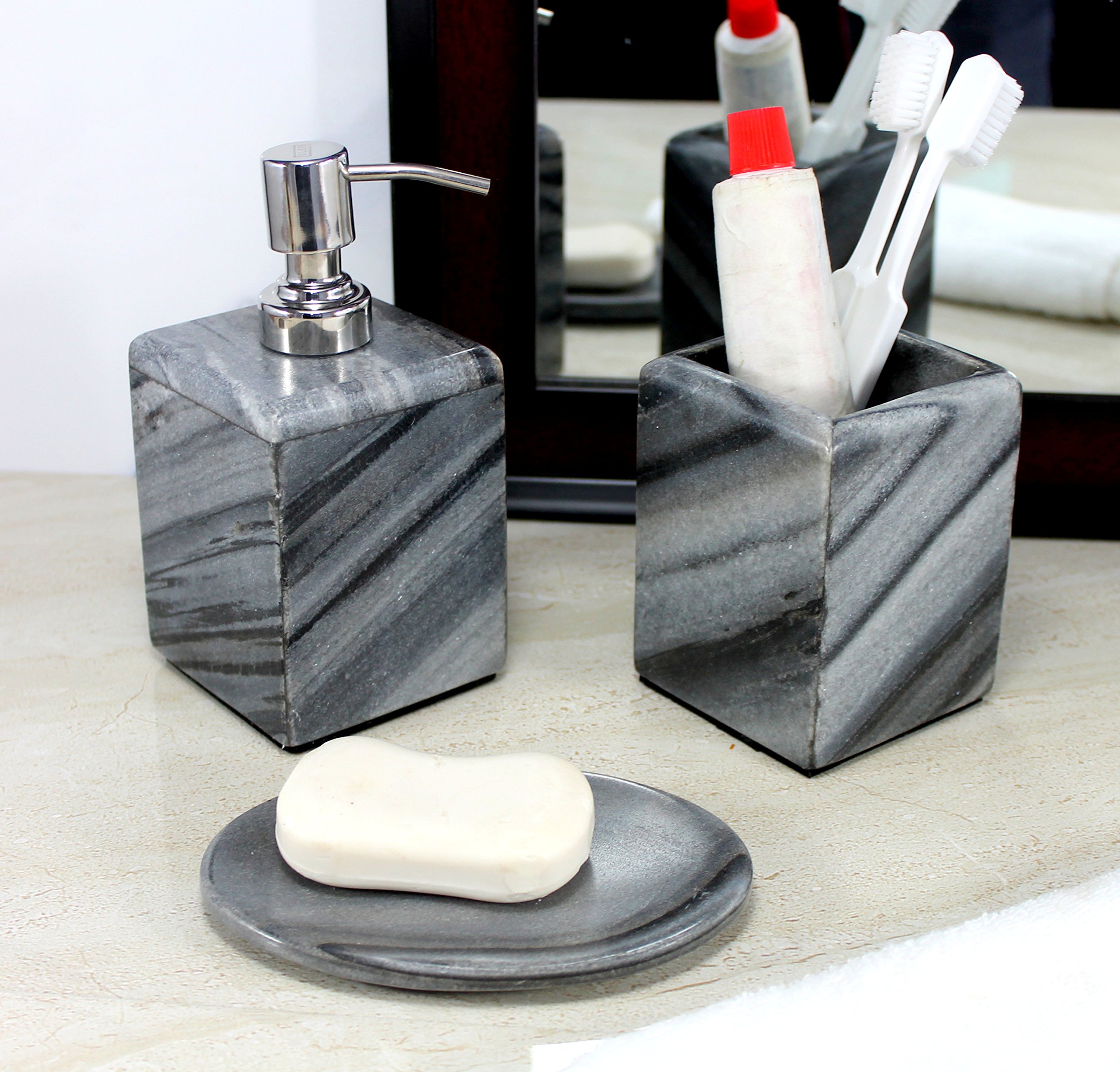 Natural Stone Bathroom Set - Soap Dispenser, Toothbrush Holder & Soap Dish (Grey, 3-Piece) for Spa-Like Luxury