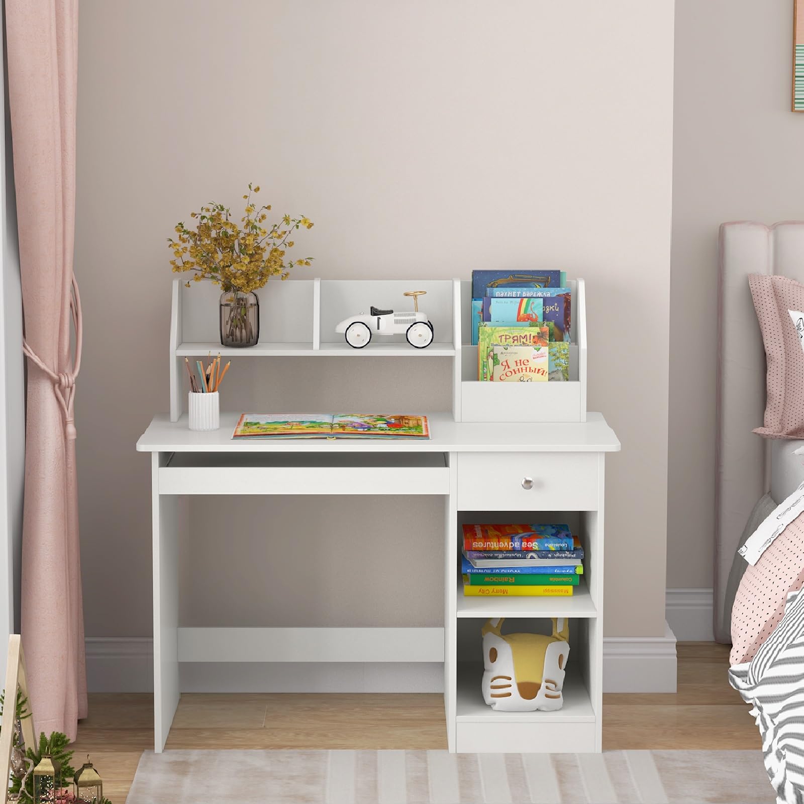 Costzon Kids Wooden Study Desk with Hutch, Storage Shelves & Keyboard Tray - White Children's Writing Workstation for Bedroom, School - Perfect Gift for Boys & Girls Ages 3+ | Ideal for Homework, Art Projects & Computer Learning