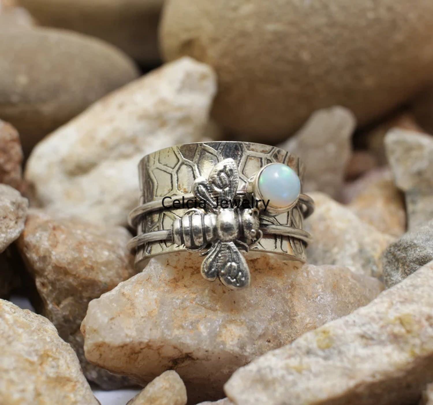 Opal Gemstone Spinner Bee Ring – Handcrafted Spinning Meditation & Anxiety Relief Fidget Ring – October Birthstone Jewelry Gift for Women (US Size 8.5) – Perfect for Stress Relief, Mindfulness Practice & Stylish Everyday Wear