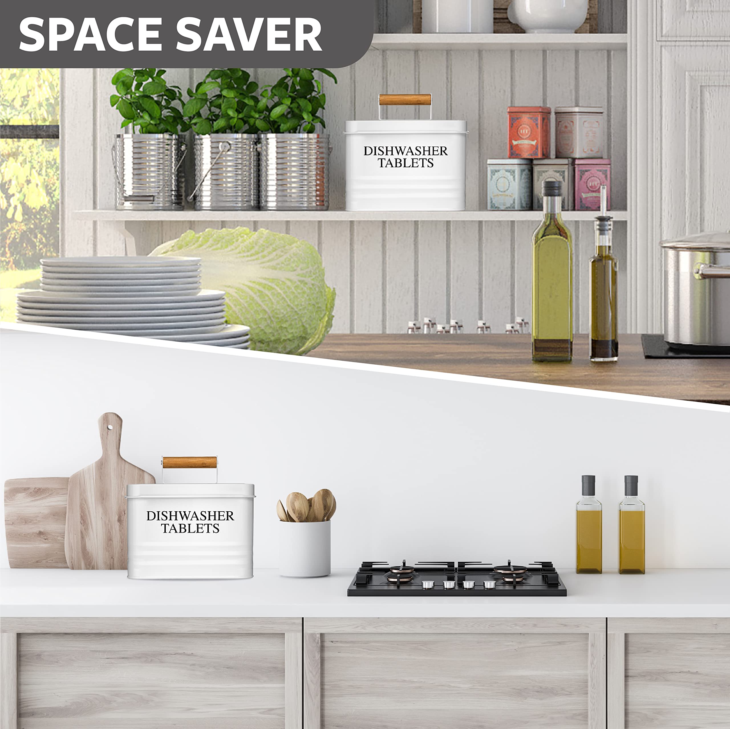 Modern Farmhouse Metal Dishwasher Pods Holder with Lid - White Kitchen Storage Container for Pods & Detergent - Perfect for Kitchen Organization & Farmhouse Decor - Ideal for Dishwasher Pod Storage, Countertop Organization, and Farmhouse Style Kitchens