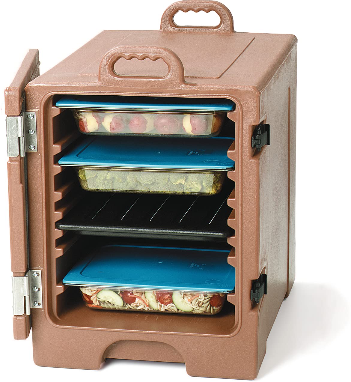 Carlisle FoodService 5-Pan Insulated Front Loading Food Carrier with Handles - Brown Plastic Catering Solution for Restaurants, Events & Buffets | Perfect for Hot/Cold Food Transport & Serving