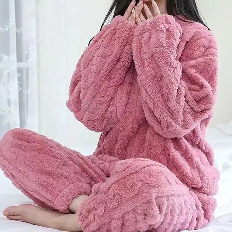 Women's 2-Piece Fleece Pajama Set - Soft Velvet Ribbed Pullover & Pants for Fall/Winter | Cozy Casual Loungewear for Home, Sleep & Relaxation